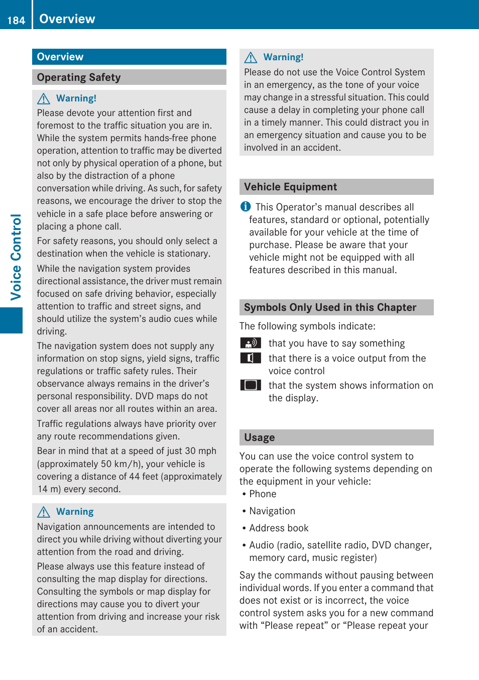 Voice control, Overview, Operating safety | Vehicle equipment, Symbols only used in this chapter, Usage | Mercedes-Benz SLK-Class 2009 COMAND Manual User Manual | Page 186 / 220