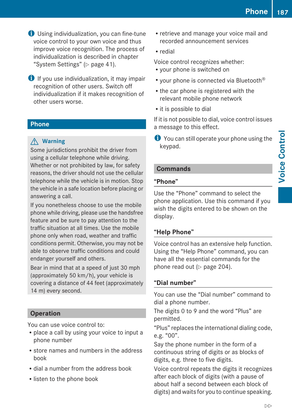 Phone, Operation, Commands | Voice control | Mercedes-Benz SLK-Class 2009 COMAND Manual User Manual | Page 189 / 220