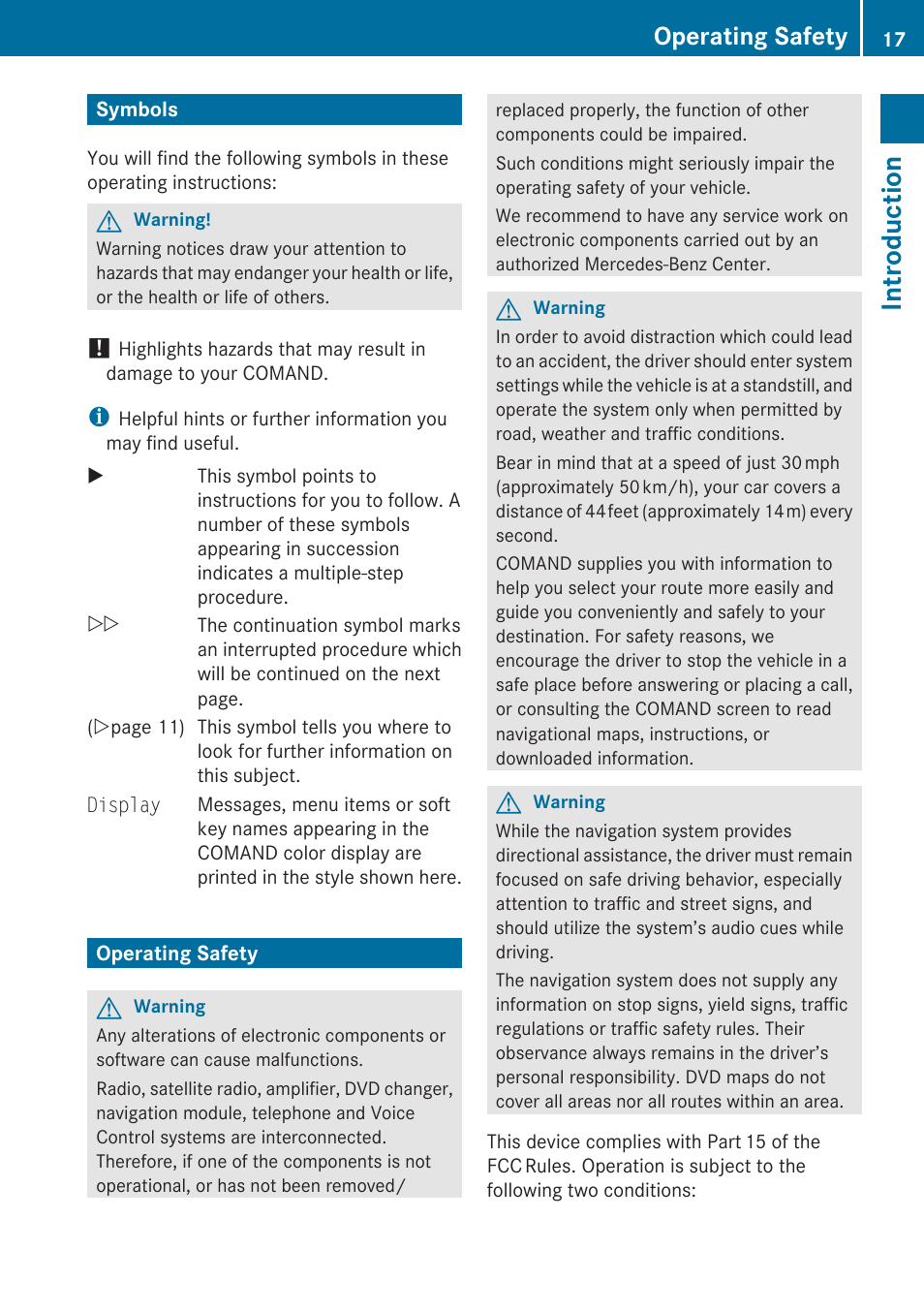 Symbols, Operating safety, Introduction | Mercedes-Benz SLK-Class 2009 COMAND Manual User Manual | Page 19 / 220
