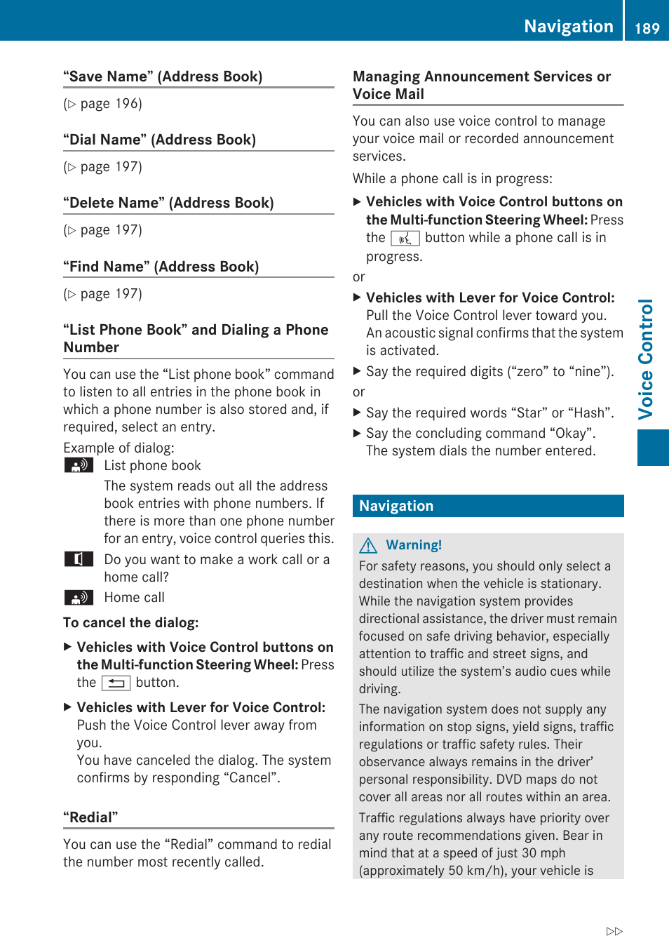 Navigation, Voice control | Mercedes-Benz SLK-Class 2009 COMAND Manual User Manual | Page 191 / 220