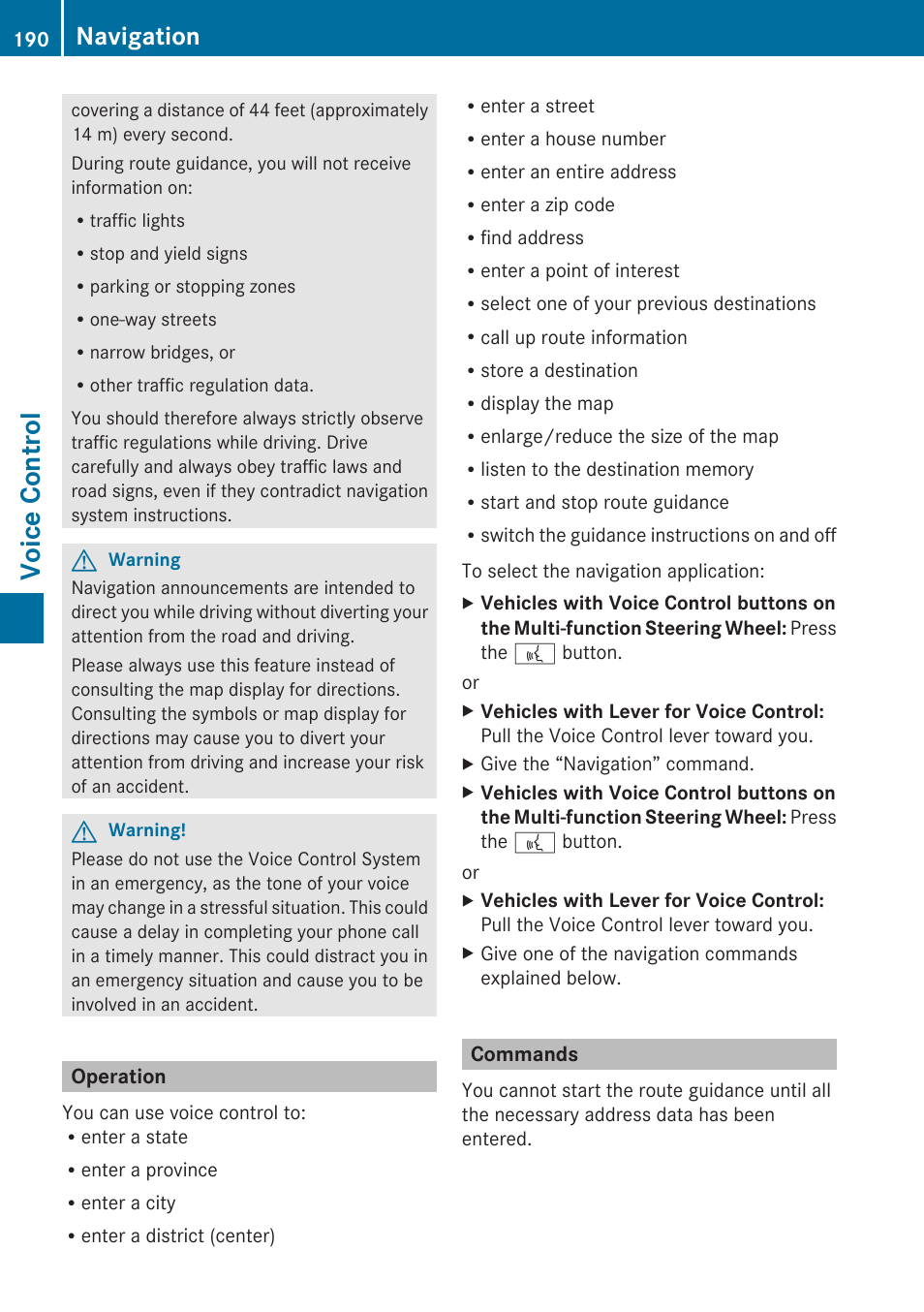 Operation, Commands, Voice control | Navigation | Mercedes-Benz SLK-Class 2009 COMAND Manual User Manual | Page 192 / 220