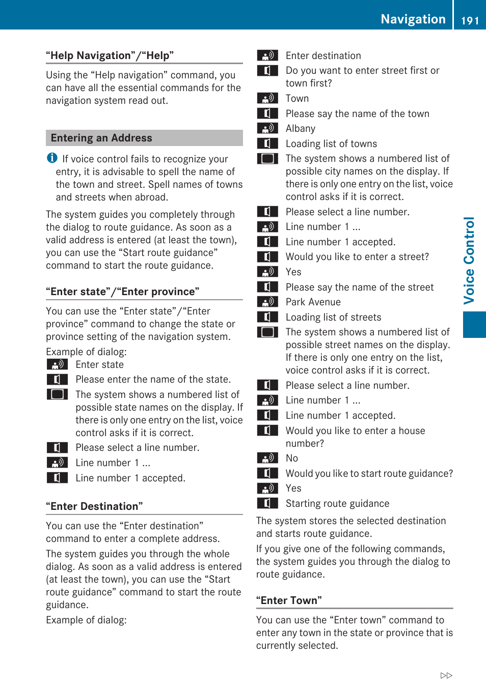 Entering an address, Voice control, Navigation | Mercedes-Benz SLK-Class 2009 COMAND Manual User Manual | Page 193 / 220