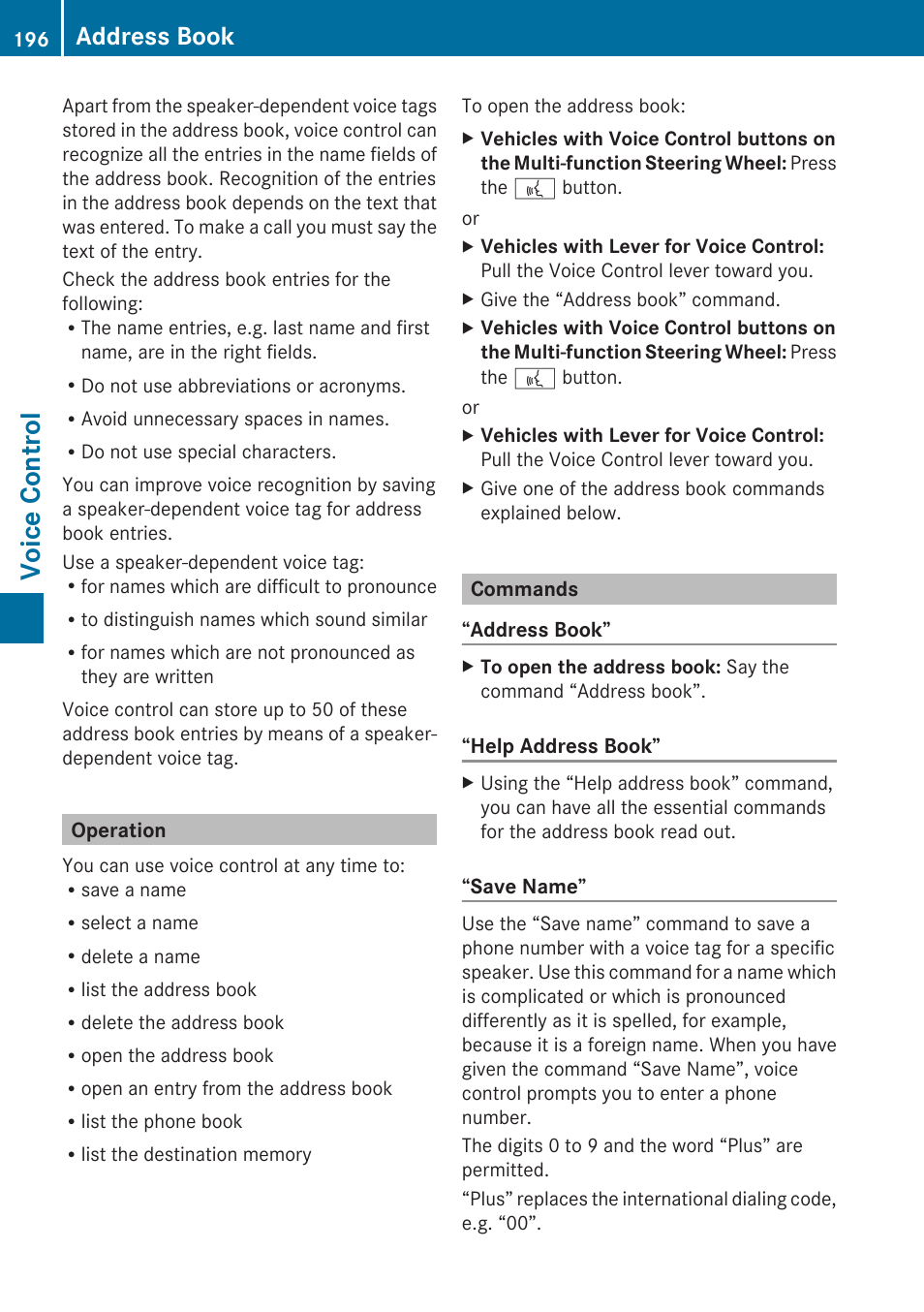Operation, Commands, Voice control | Address book | Mercedes-Benz SLK-Class 2009 COMAND Manual User Manual | Page 198 / 220