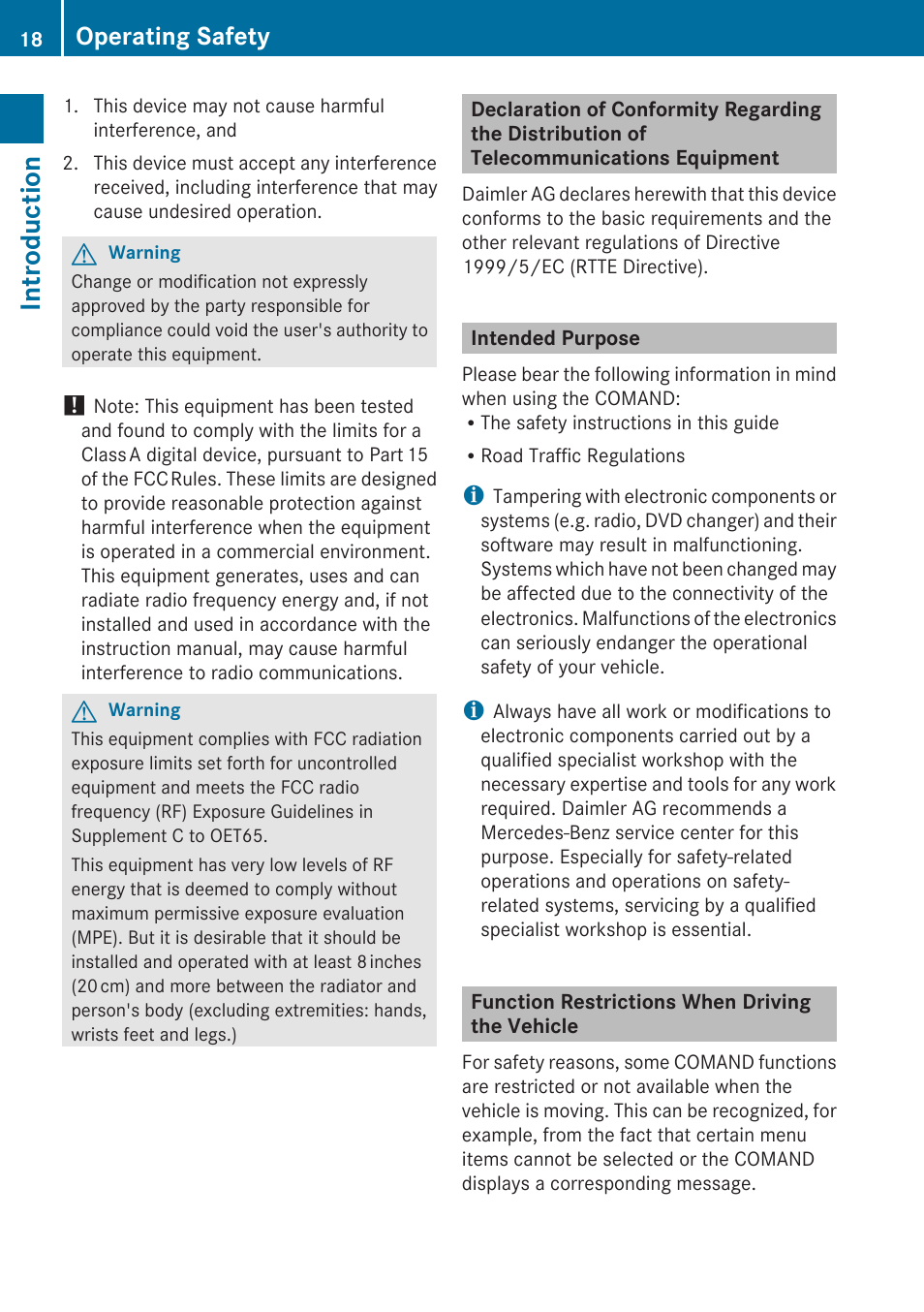 Intended purpose, Function restrictions when driving the vehicle, Introduction | Operating safety | Mercedes-Benz SLK-Class 2009 COMAND Manual User Manual | Page 20 / 220