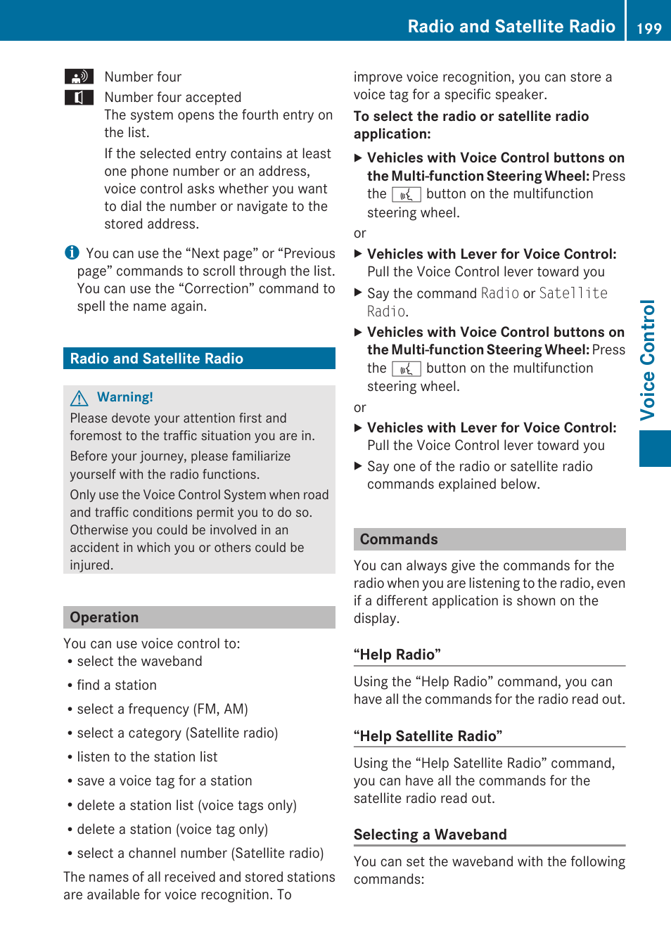 Radio and satellite radio, Operation, Commands | Voice control | Mercedes-Benz SLK-Class 2009 COMAND Manual User Manual | Page 201 / 220