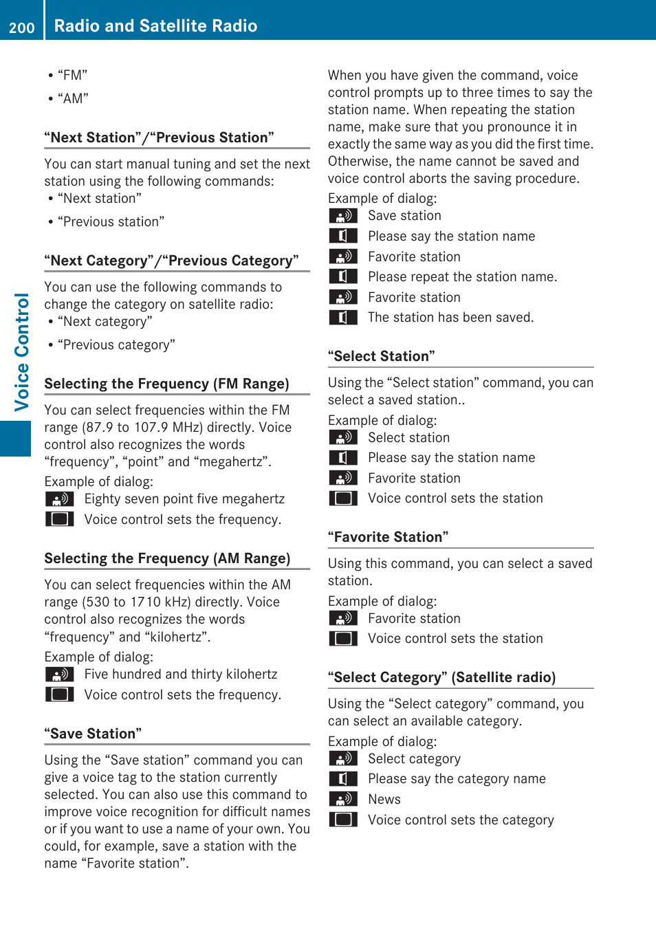 Voice control, Radio and satellite radio | Mercedes-Benz SLK-Class 2009 COMAND Manual User Manual | Page 202 / 220