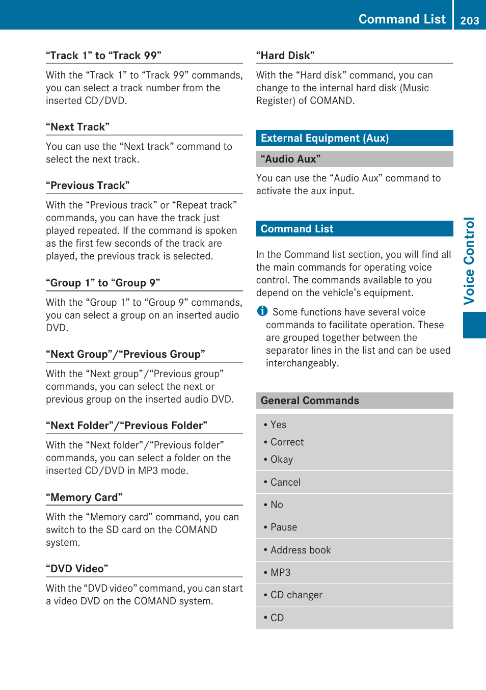 External equipment (aux), Audio aux, Command list | General commands, Voice control | Mercedes-Benz SLK-Class 2009 COMAND Manual User Manual | Page 205 / 220