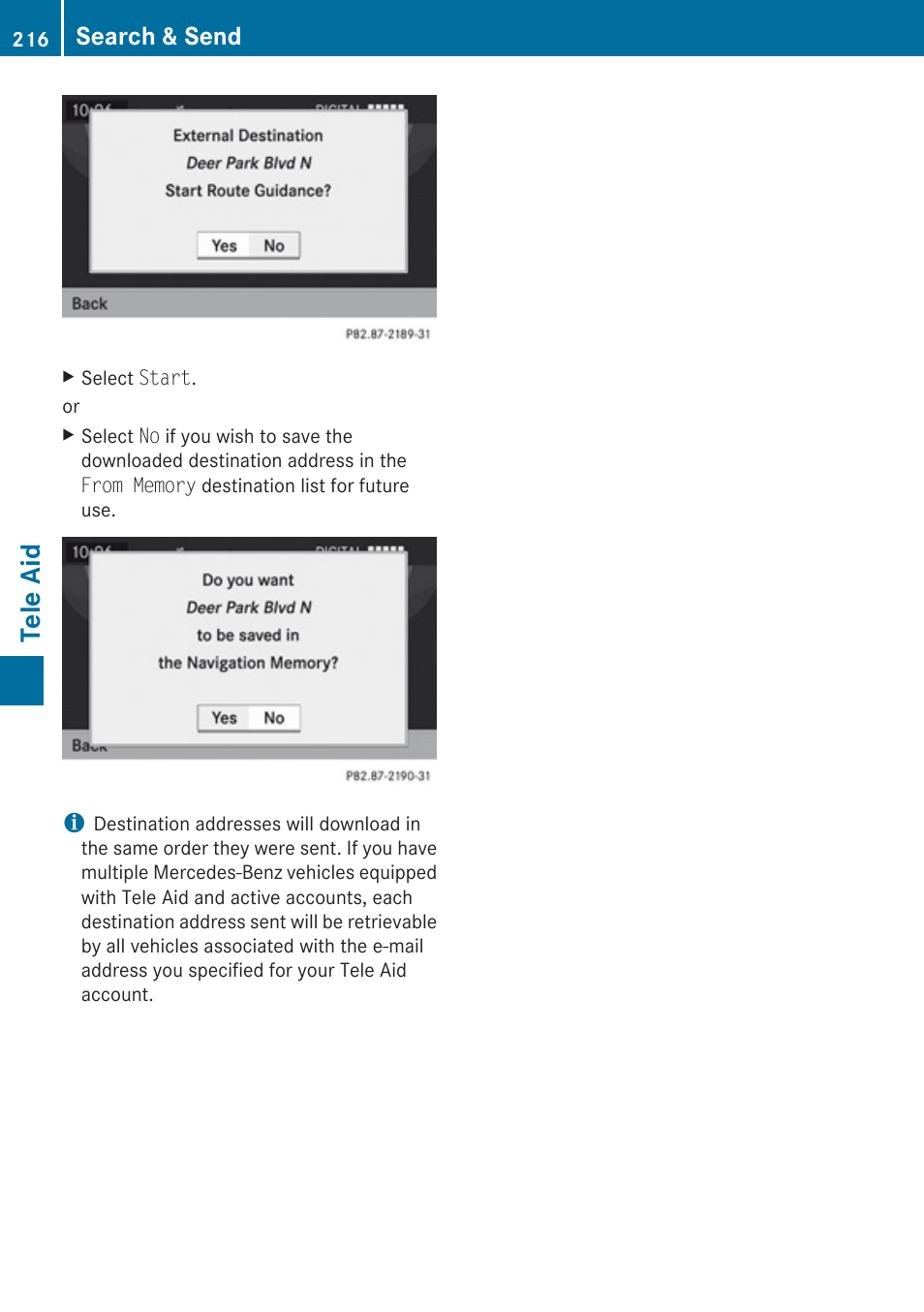 Tele aid, Search & send | Mercedes-Benz SLK-Class 2009 COMAND Manual User Manual | Page 218 / 220