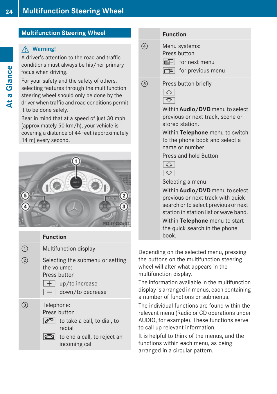 Multifunction steering wheel, At a glance | Mercedes-Benz SLK-Class 2009 COMAND Manual User Manual | Page 26 / 220