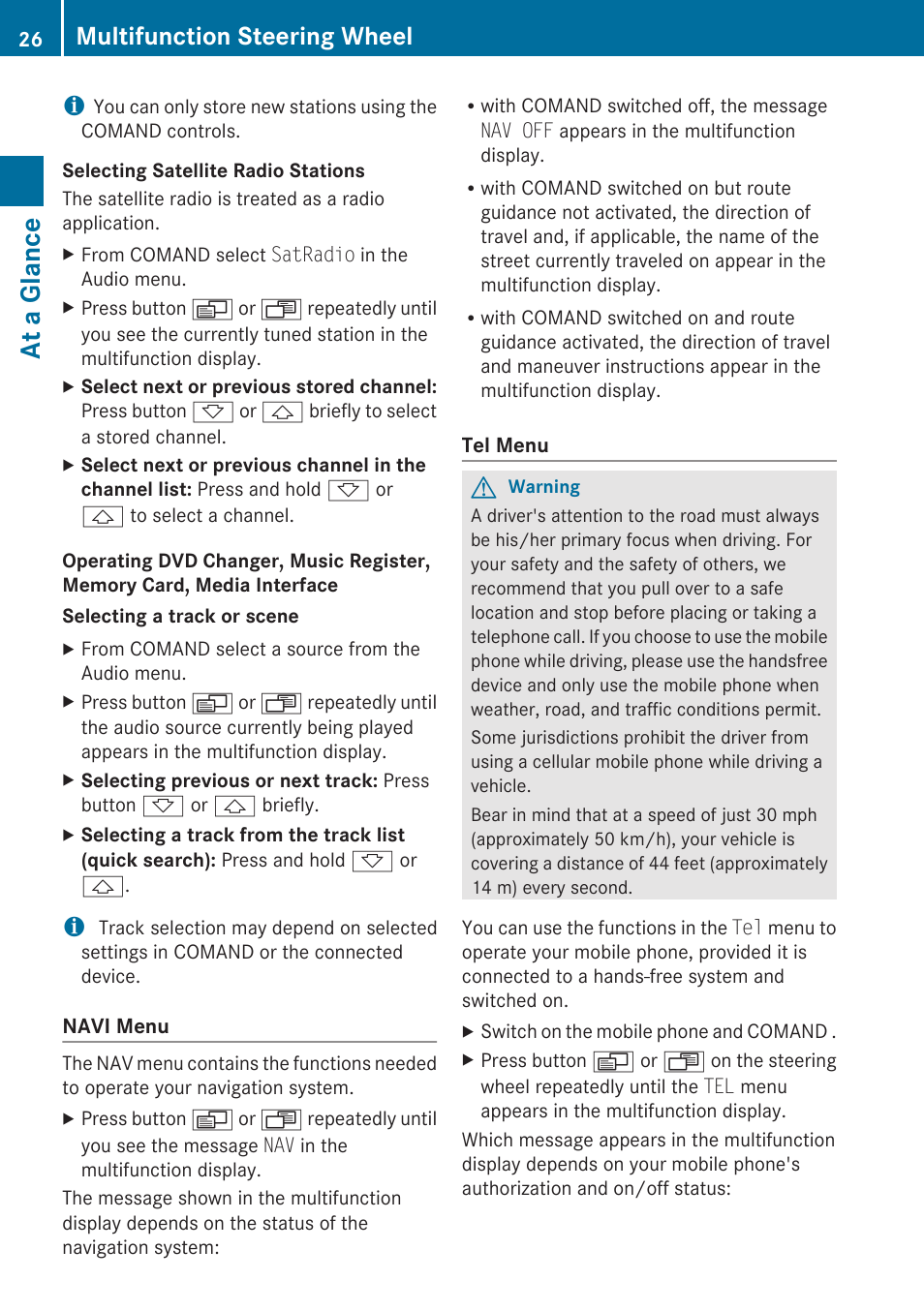 At a glance, Multifunction steering wheel | Mercedes-Benz SLK-Class 2009 COMAND Manual User Manual | Page 28 / 220