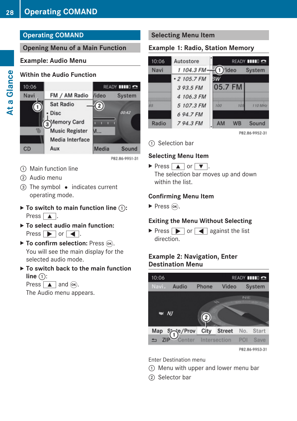 Operating comand, Opening menu of a main function, Selecting menu item | At a glance | Mercedes-Benz SLK-Class 2009 COMAND Manual User Manual | Page 30 / 220