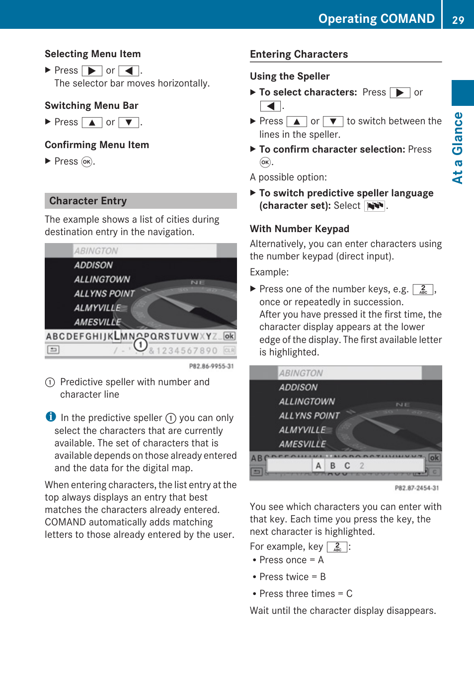Character entry, At a glance, Operating comand | Mercedes-Benz SLK-Class 2009 COMAND Manual User Manual | Page 31 / 220