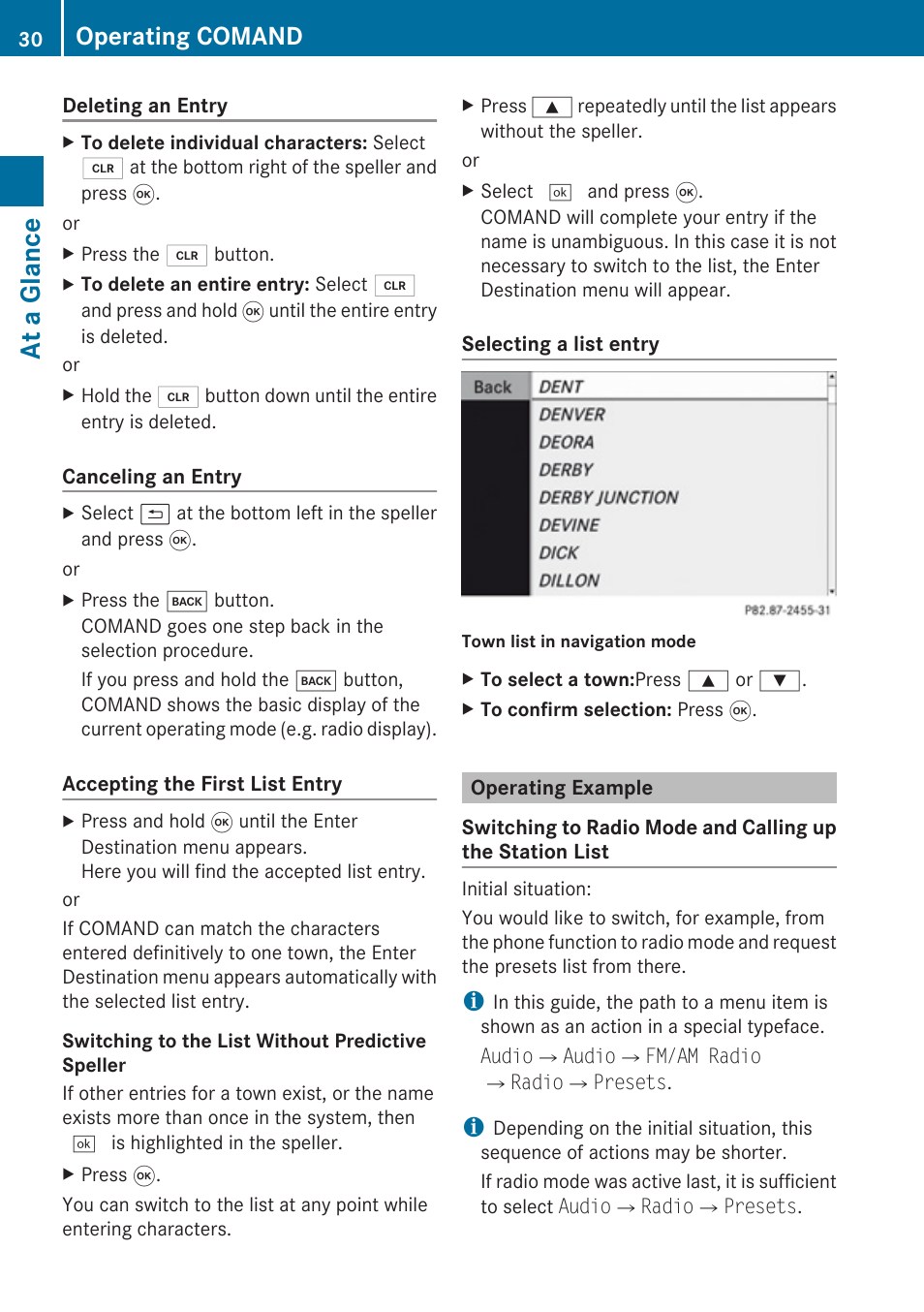 Operating example, At a glance, Operating comand | Mercedes-Benz SLK-Class 2009 COMAND Manual User Manual | Page 32 / 220