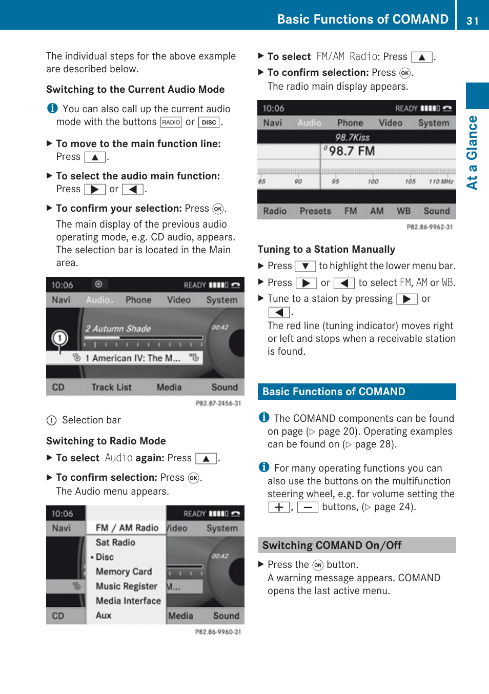 Basic functions of comand, Switching comand on/off, At a glance | Mercedes-Benz SLK-Class 2009 COMAND Manual User Manual | Page 33 / 220