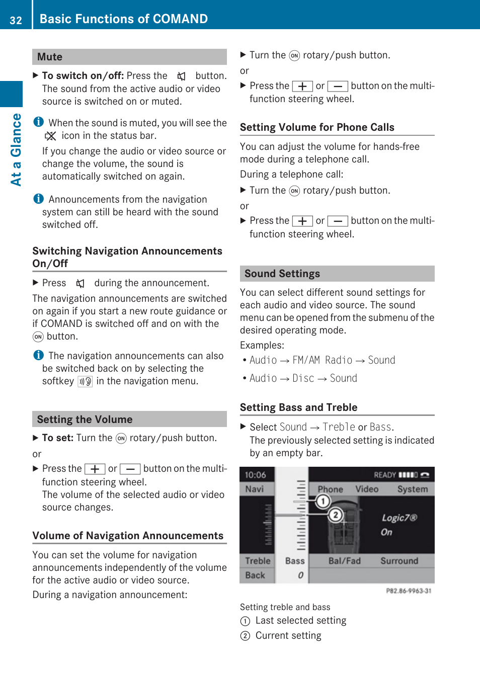 Mute, Setting the volume, Sound settings | At a glance, Basic functions of comand | Mercedes-Benz SLK-Class 2009 COMAND Manual User Manual | Page 34 / 220