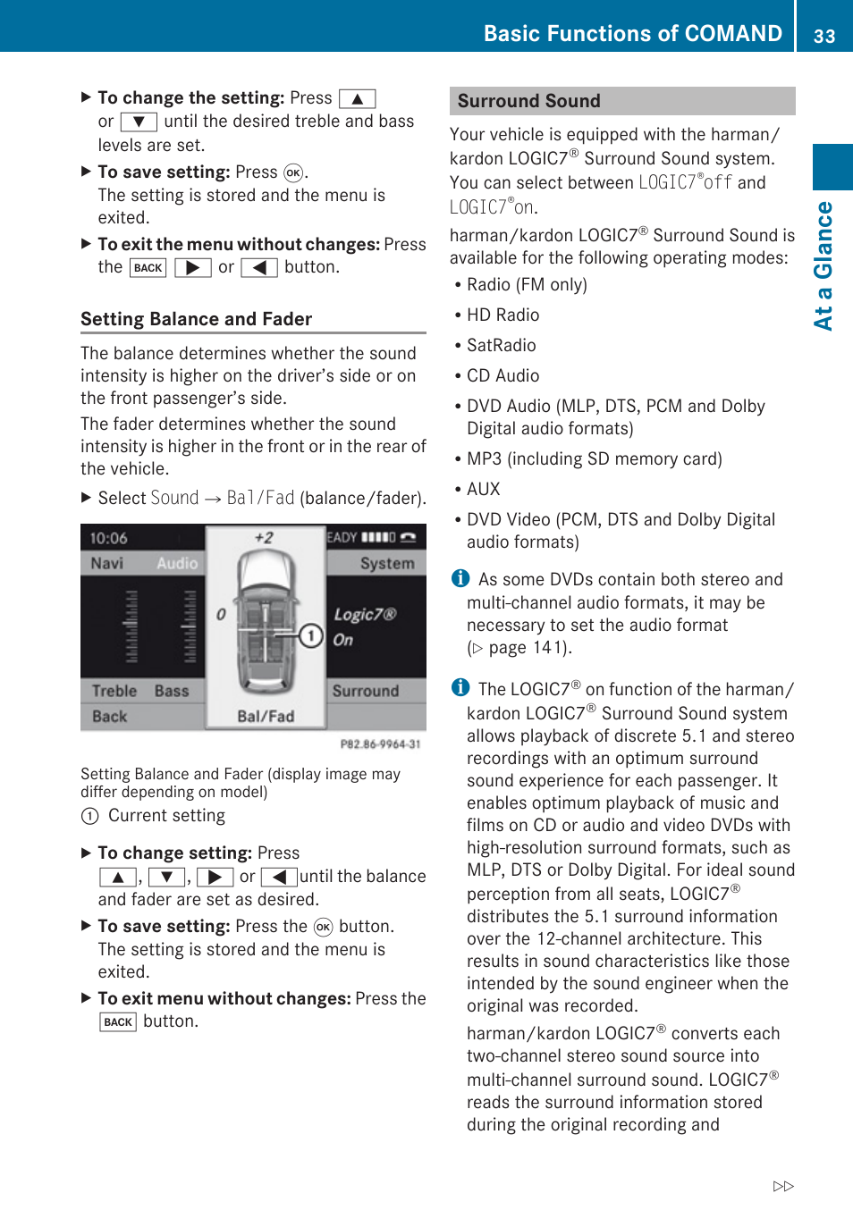 Surround sound, At a glance, Basic functions of comand | Mercedes-Benz SLK-Class 2009 COMAND Manual User Manual | Page 35 / 220