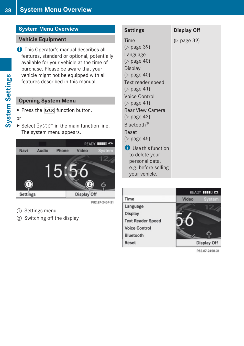 System settings, System menu overview, Vehicle equipment | Opening system menu | Mercedes-Benz SLK-Class 2009 COMAND Manual User Manual | Page 40 / 220