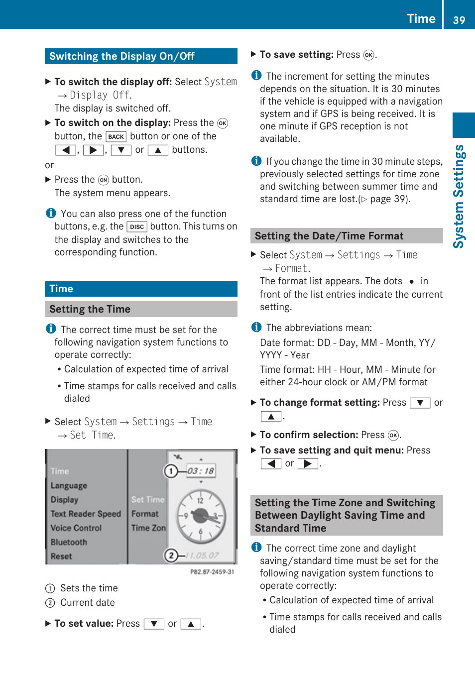 Switching the display on/off, Time, Setting the time | Setting the date/time format, System settings | Mercedes-Benz SLK-Class 2009 COMAND Manual User Manual | Page 41 / 220