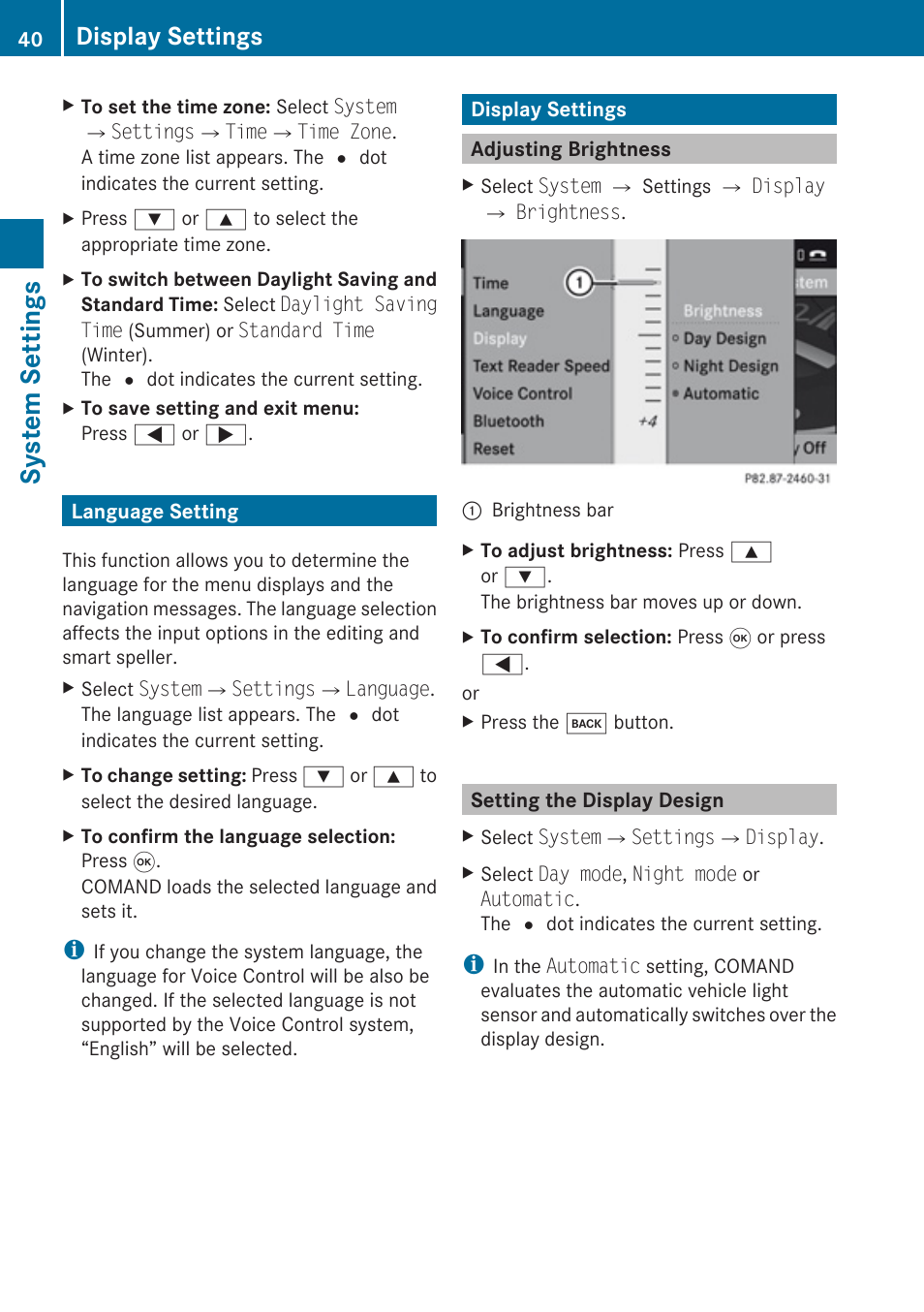 Language setting, Display settings, Adjusting brightness | Setting the display design, System settings | Mercedes-Benz SLK-Class 2009 COMAND Manual User Manual | Page 42 / 220