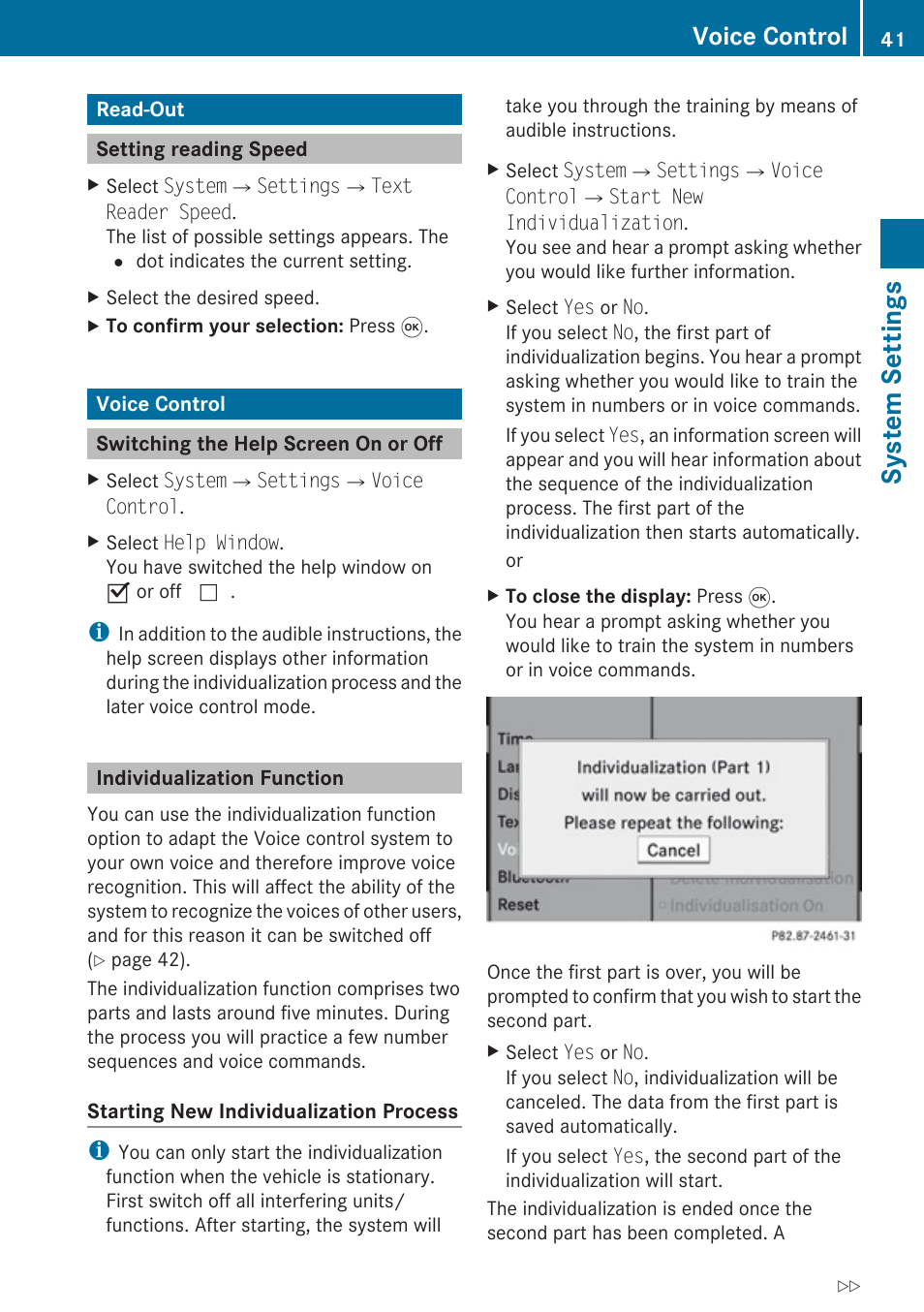 Read-out, Setting reading speed, Voice control | Switching the help screen on or off, Individualization function, System settings | Mercedes-Benz SLK-Class 2009 COMAND Manual User Manual | Page 43 / 220