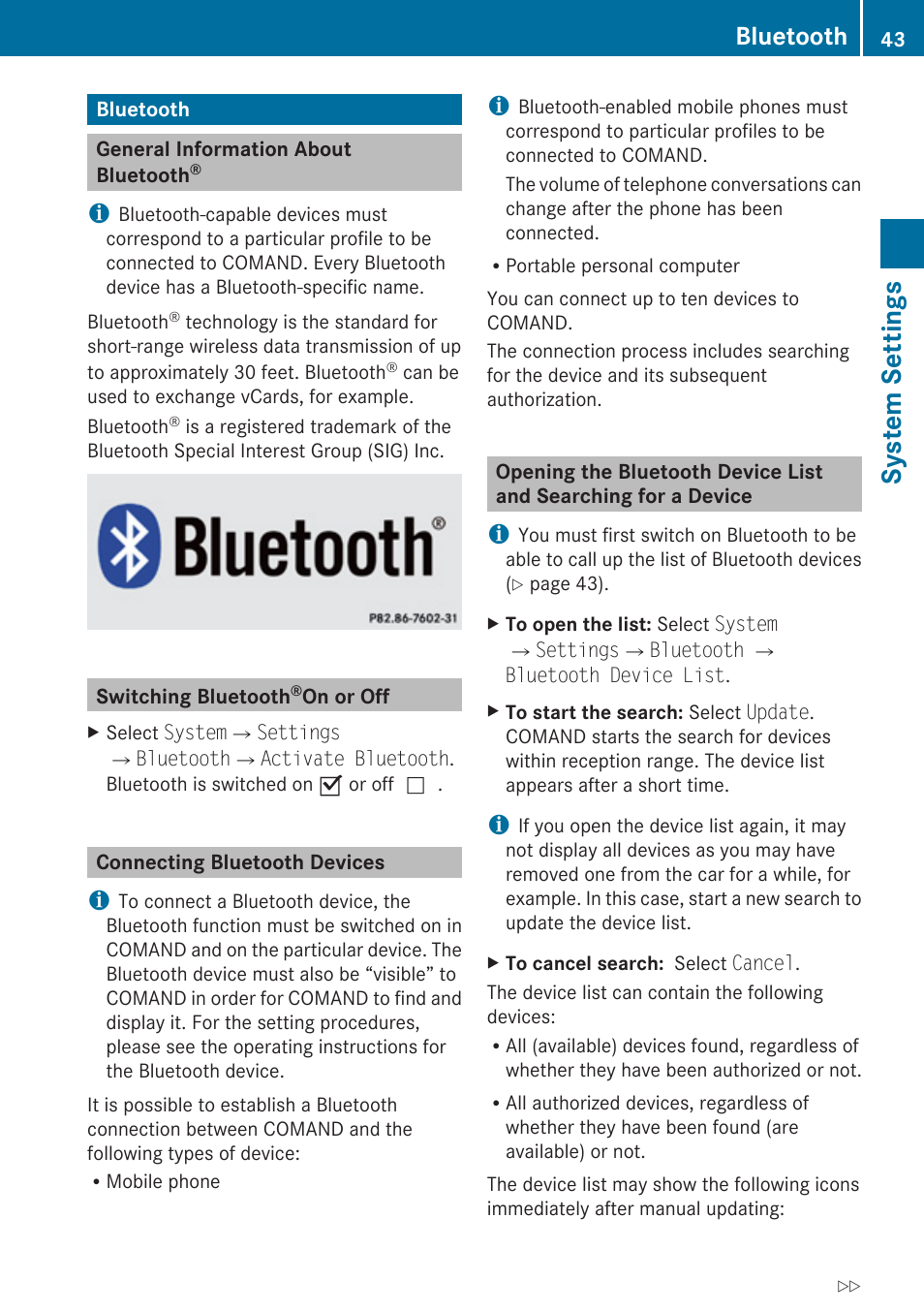 Bluetooth, General information about bluetooth, Switching bluetooth® on or off | Connecting bluetooth devices, System settings | Mercedes-Benz SLK-Class 2009 COMAND Manual User Manual | Page 45 / 220