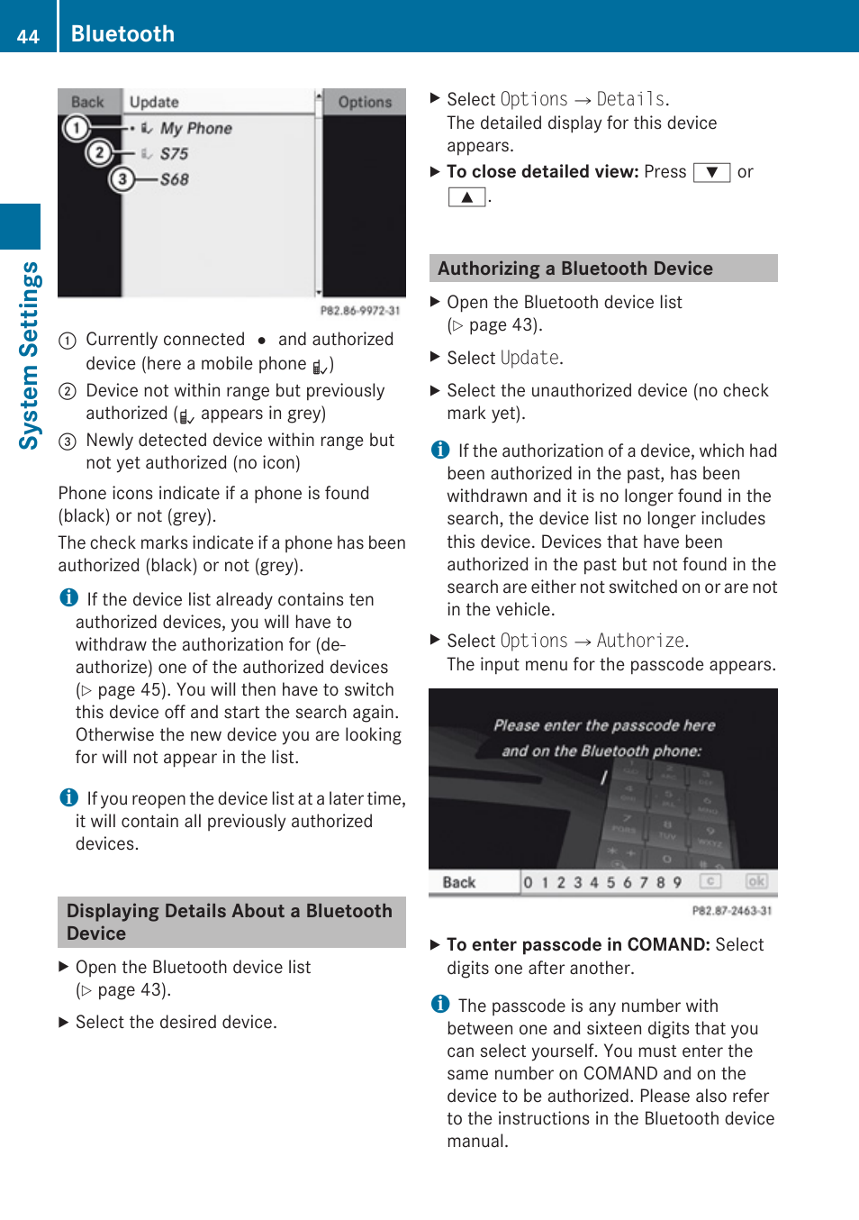 Displaying details about a bluetooth device, Authorizing a bluetooth device, System settings | Bluetooth | Mercedes-Benz SLK-Class 2009 COMAND Manual User Manual | Page 46 / 220