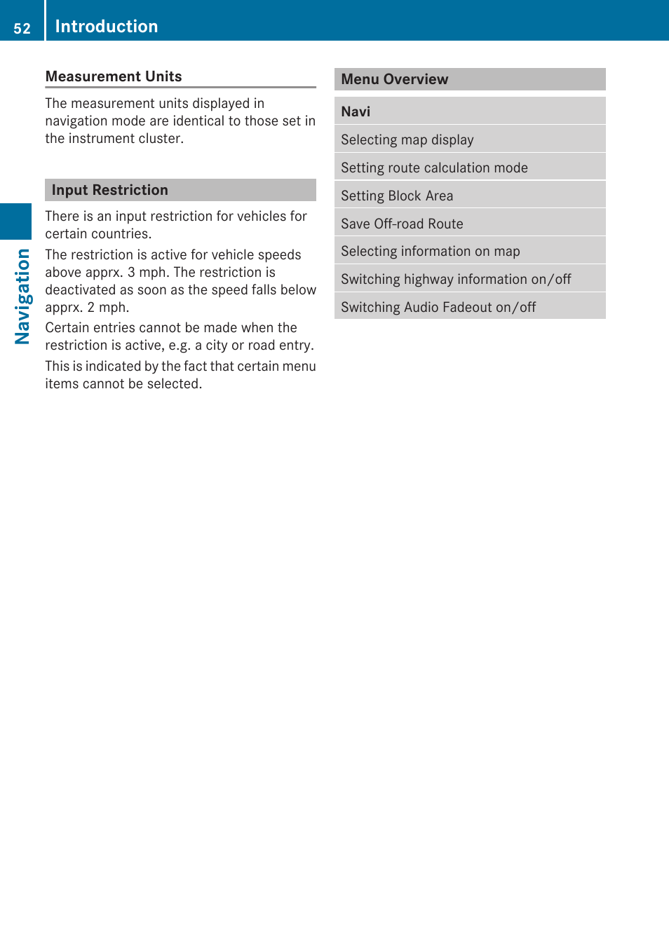 Input restriction, Menu overview, Navigation | Introduction | Mercedes-Benz SLK-Class 2009 COMAND Manual User Manual | Page 54 / 220