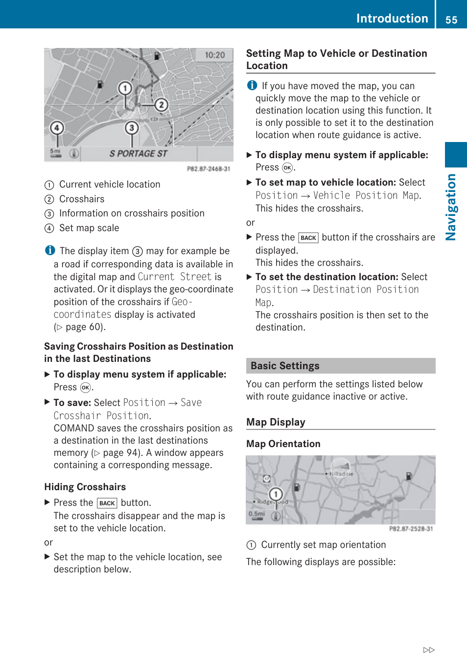 Basic settings, Set map orientation, Navigation | Introduction | Mercedes-Benz SLK-Class 2009 COMAND Manual User Manual | Page 57 / 220
