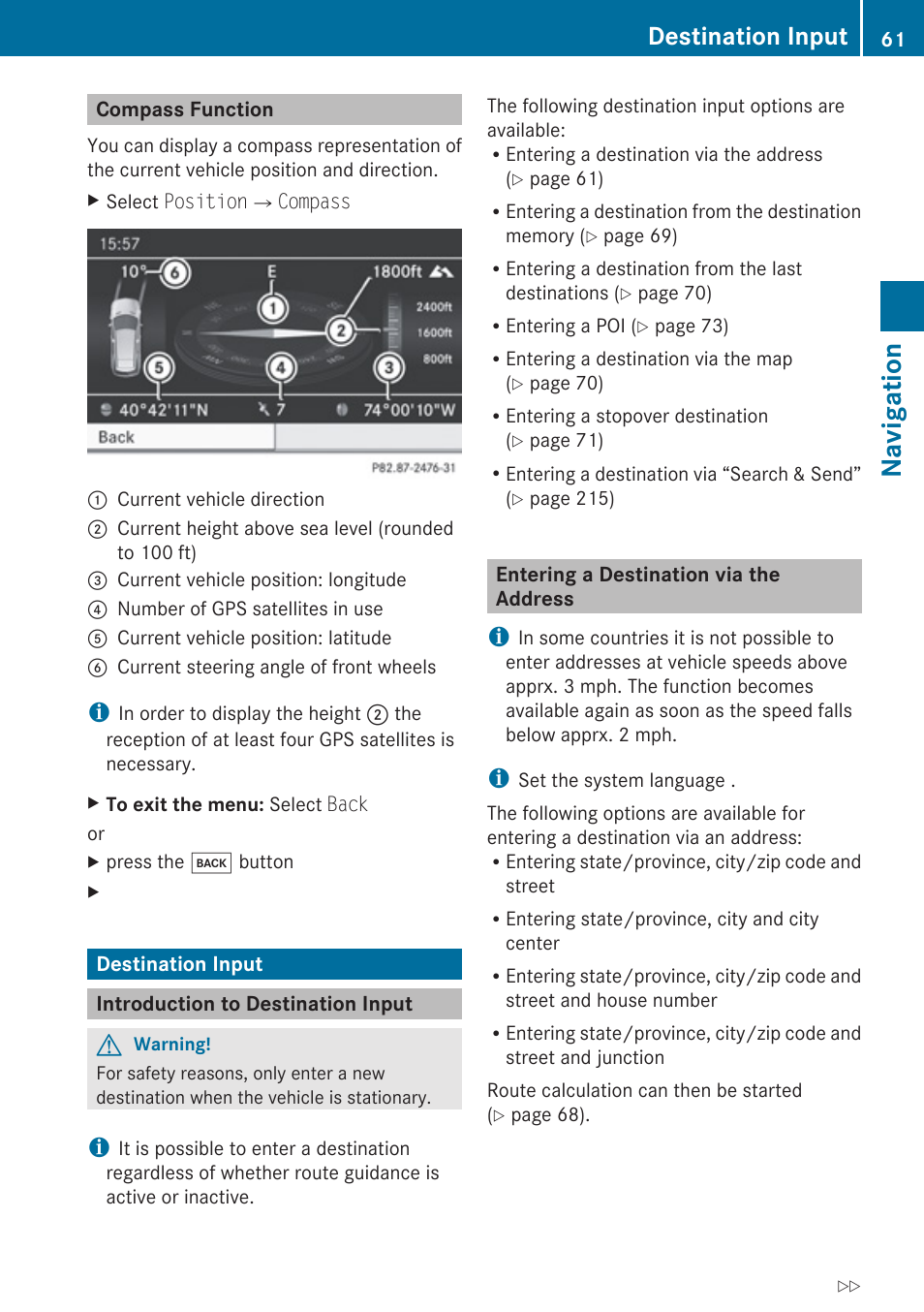 Compass function, Destination input, Introduction to destination input | Entering a destination via the address, Navigation | Mercedes-Benz SLK-Class 2009 COMAND Manual User Manual | Page 63 / 220