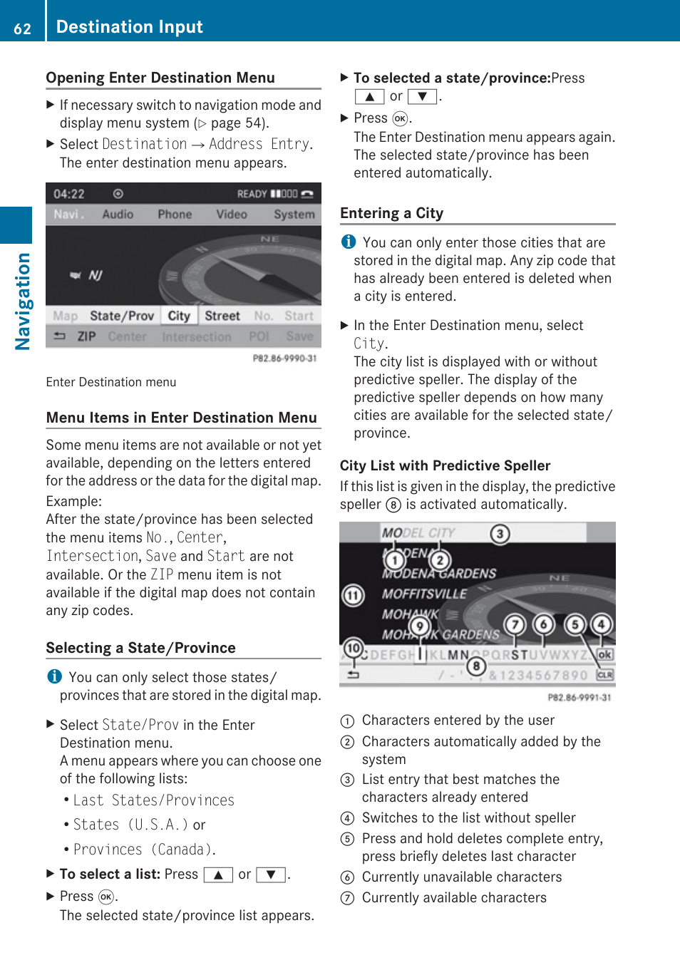 Navigation, Destination input | Mercedes-Benz SLK-Class 2009 COMAND Manual User Manual | Page 64 / 220