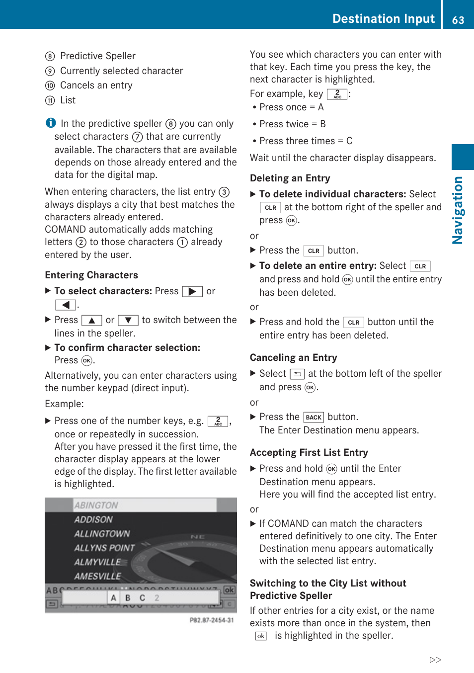 Navigation, Destination input | Mercedes-Benz SLK-Class 2009 COMAND Manual User Manual | Page 65 / 220