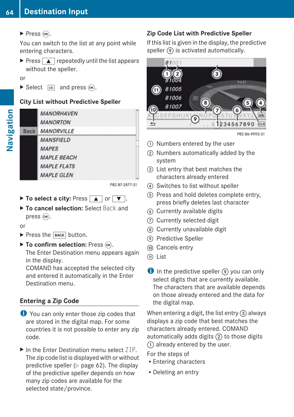 Navigation, Destination input | Mercedes-Benz SLK-Class 2009 COMAND Manual User Manual | Page 66 / 220