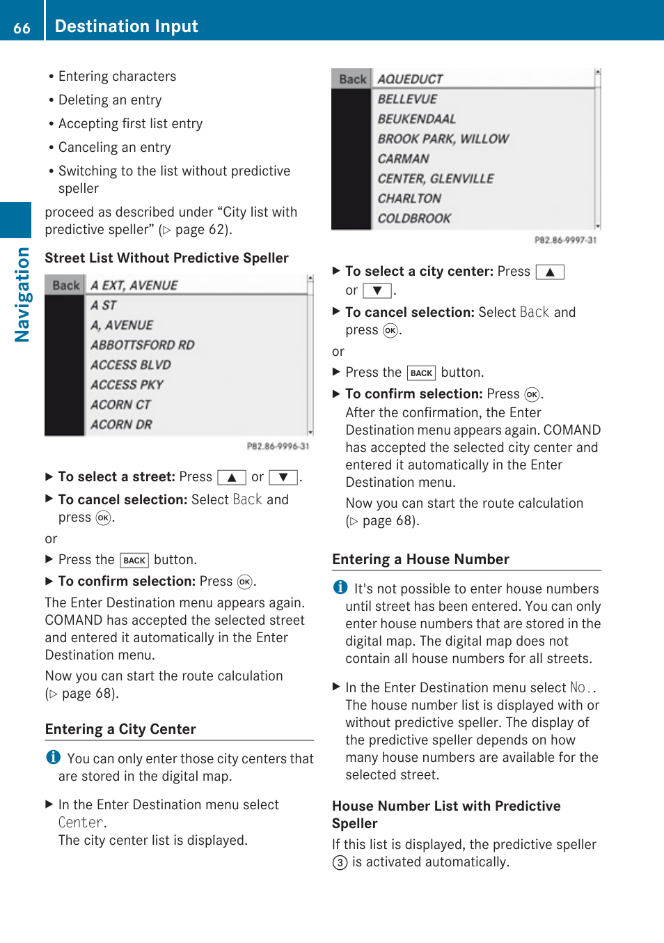 Navigation, Destination input | Mercedes-Benz SLK-Class 2009 COMAND Manual User Manual | Page 68 / 220