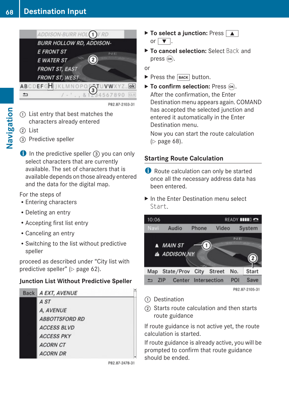 Route calculation, Navigation, Destination input | Mercedes-Benz SLK-Class 2009 COMAND Manual User Manual | Page 70 / 220