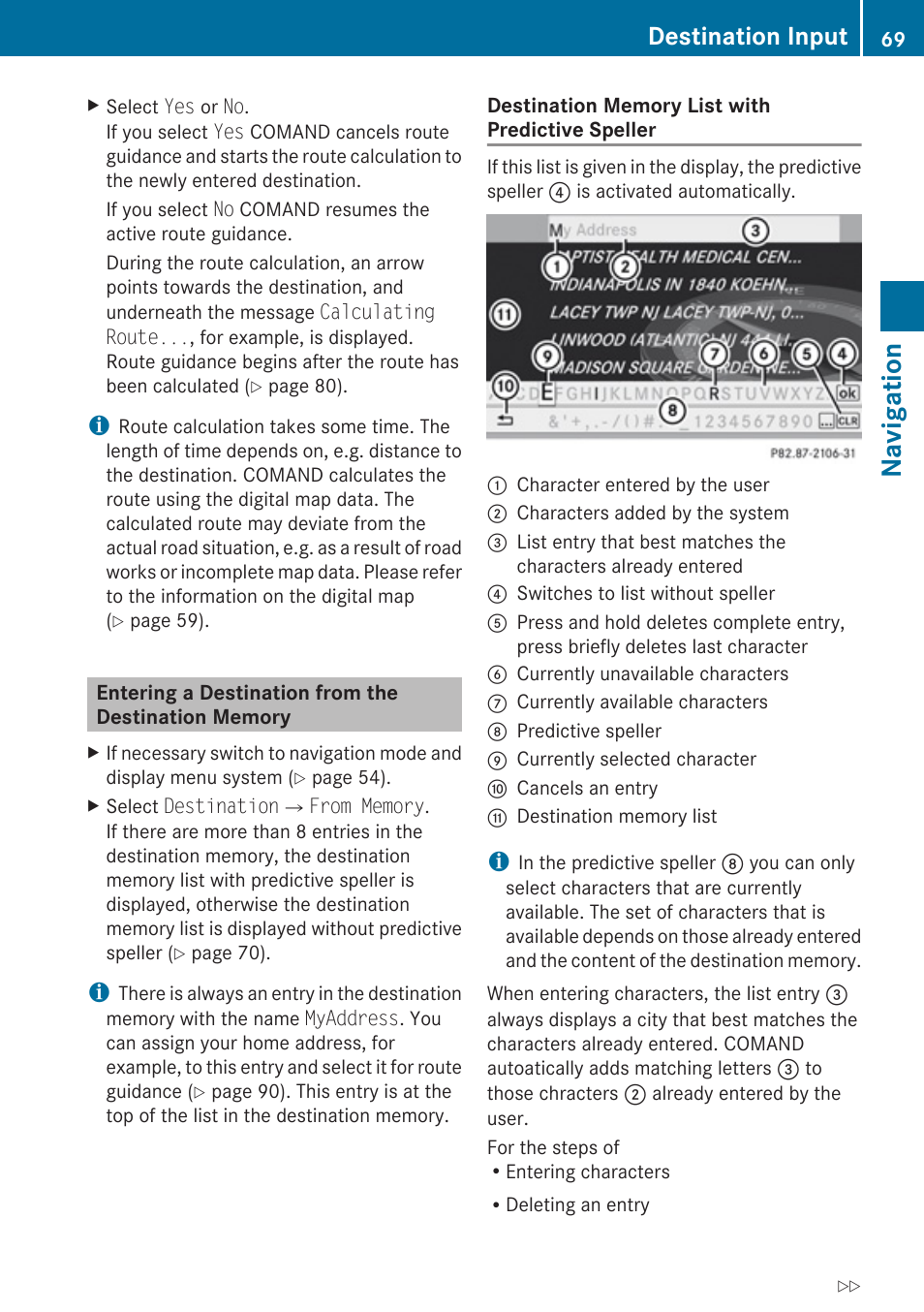 Entering a destination from the destination memory, Memory, Navigation | Destination input | Mercedes-Benz SLK-Class 2009 COMAND Manual User Manual | Page 71 / 220