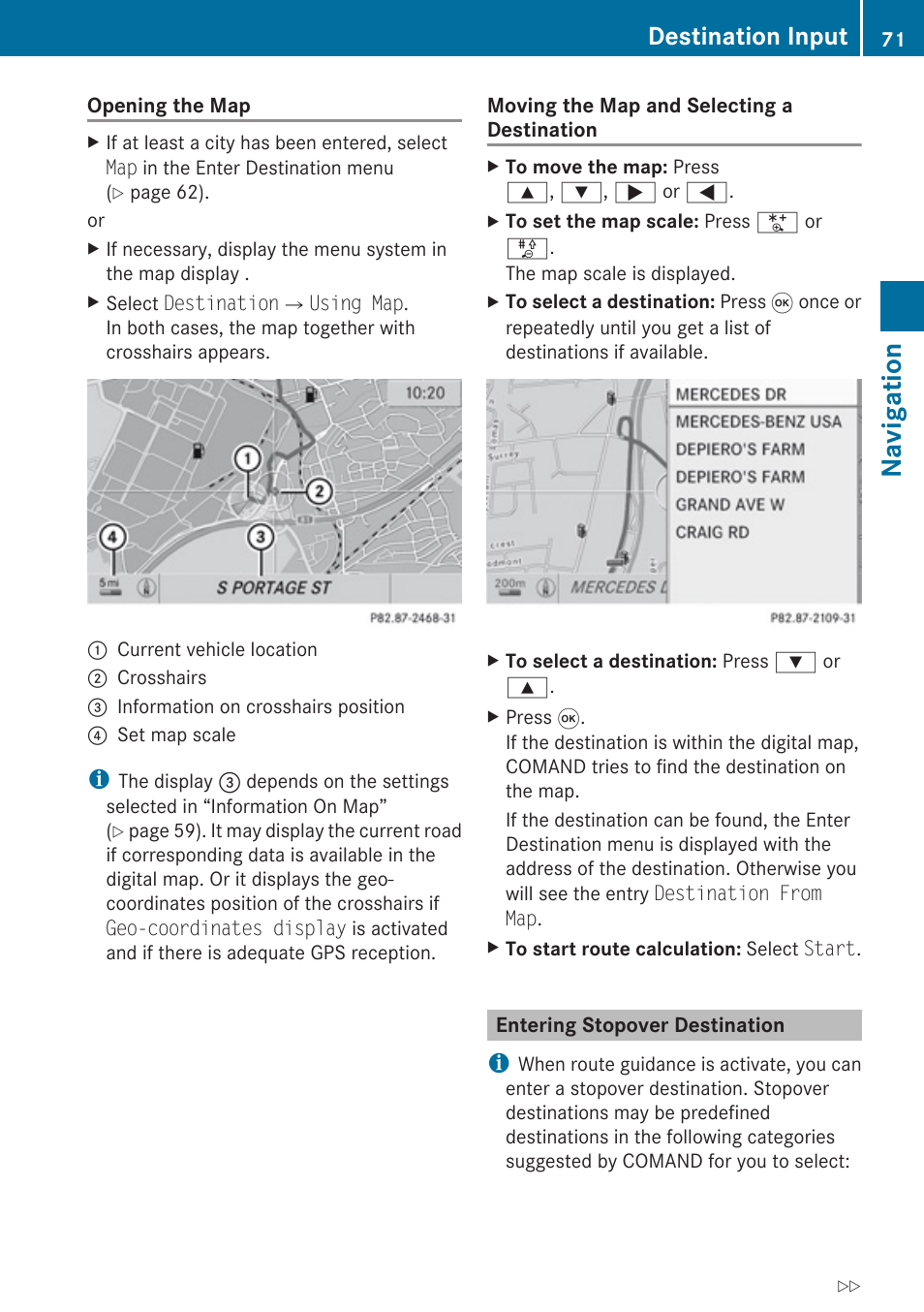 Entering stopover destination, Navigation, Destination input | Mercedes-Benz SLK-Class 2009 COMAND Manual User Manual | Page 73 / 220
