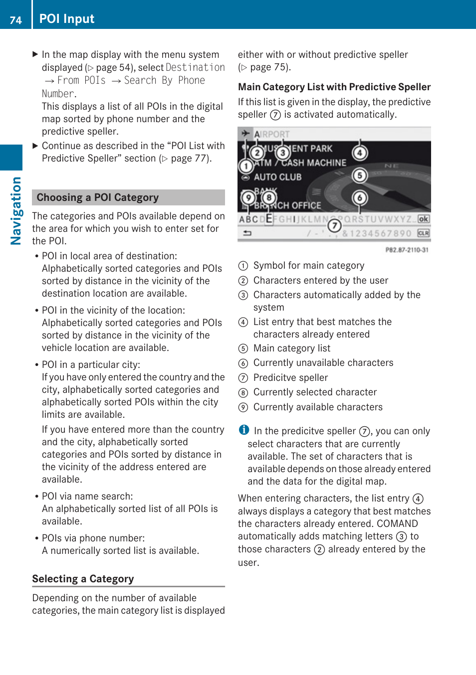 Choosing a poi category, Selecting the poi category, Navigation | Poi input | Mercedes-Benz SLK-Class 2009 COMAND Manual User Manual | Page 76 / 220