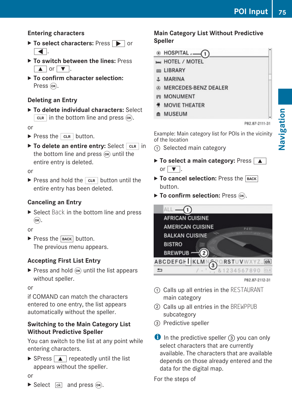 Navigation, Poi input | Mercedes-Benz SLK-Class 2009 COMAND Manual User Manual | Page 77 / 220