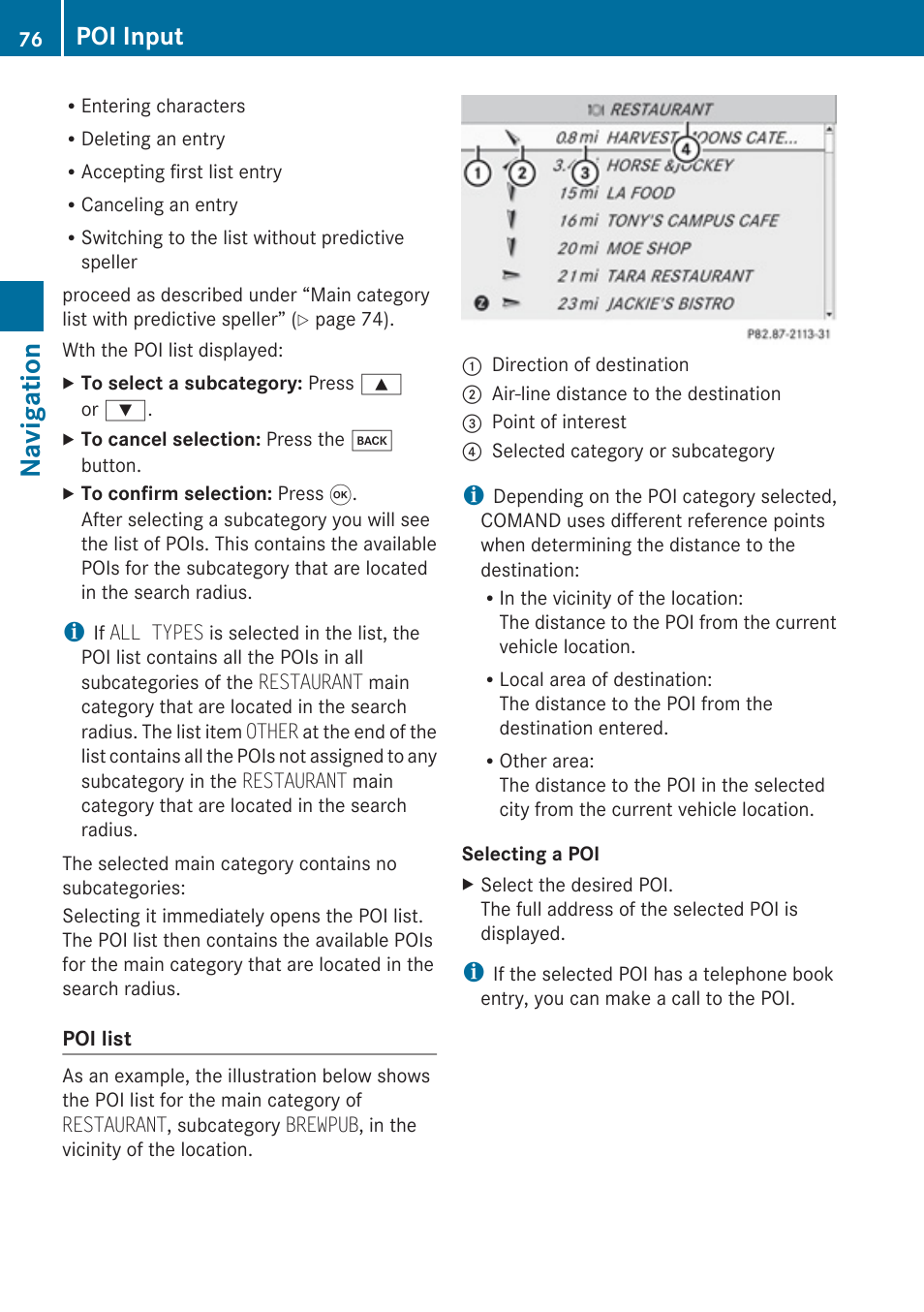Navigation, Poi input | Mercedes-Benz SLK-Class 2009 COMAND Manual User Manual | Page 78 / 220