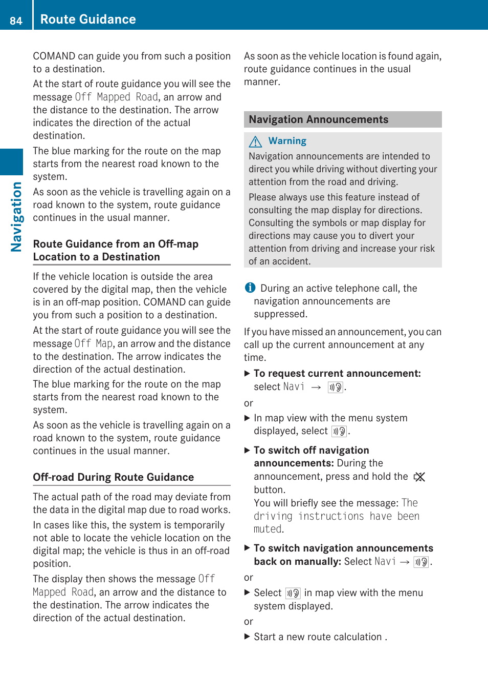 Navigation announcements, Navigation, Route guidance | Mercedes-Benz SLK-Class 2009 COMAND Manual User Manual | Page 86 / 220