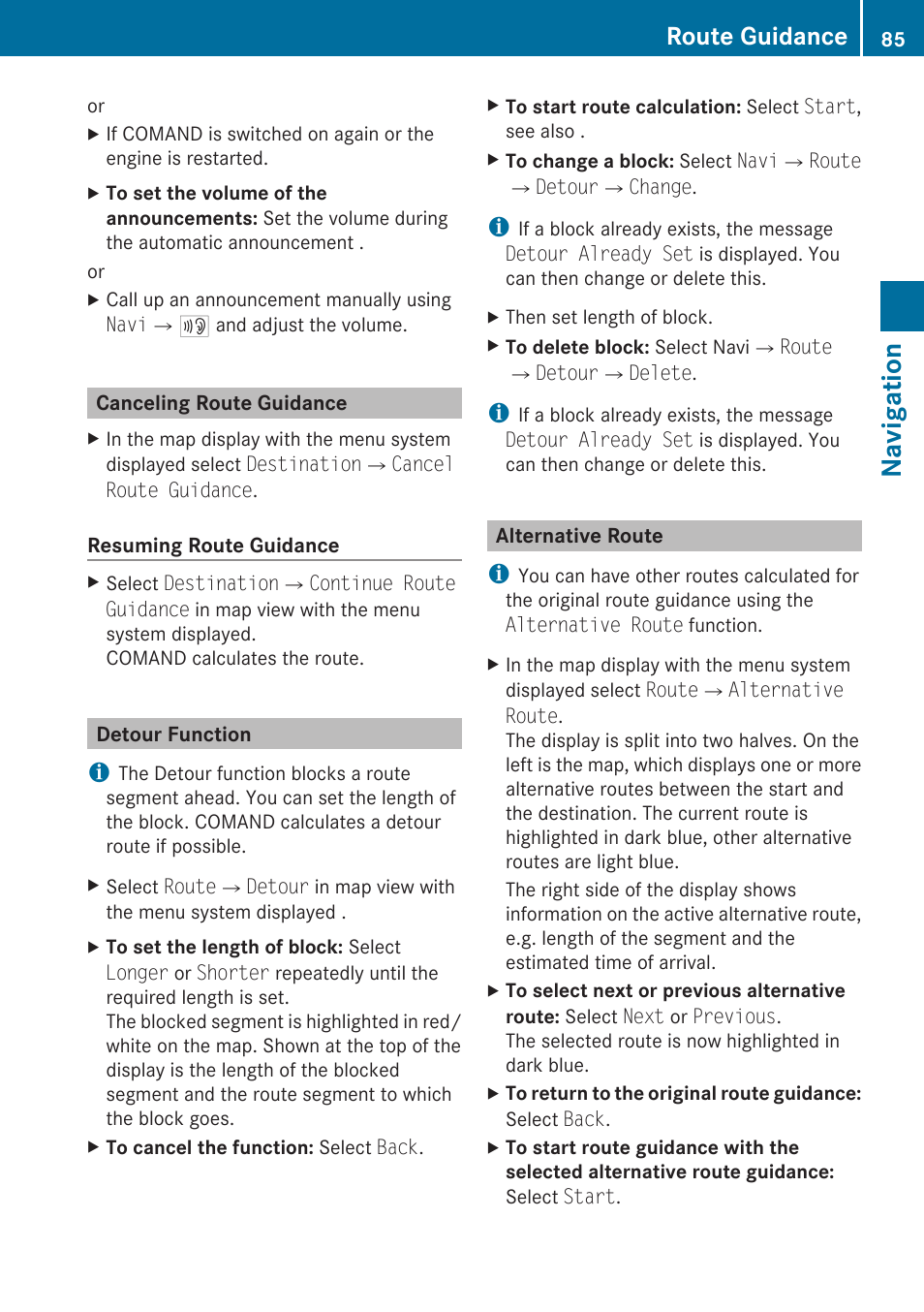 Canceling route guidance, Detour function, Alternative route | Navigation, Route guidance | Mercedes-Benz SLK-Class 2009 COMAND Manual User Manual | Page 87 / 220