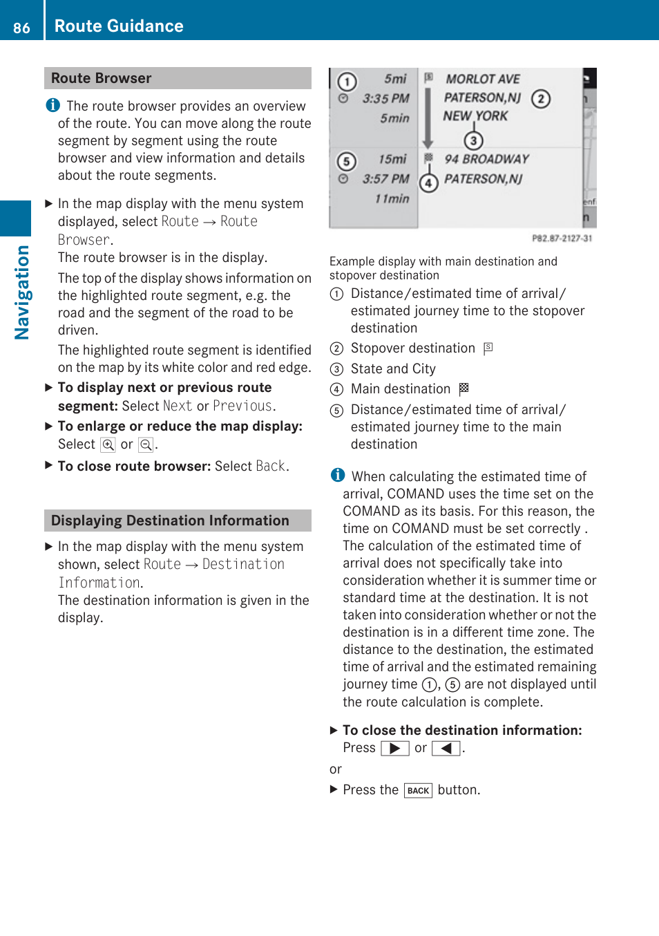Route browser, Displaying destination information, Navigation | Route guidance | Mercedes-Benz SLK-Class 2009 COMAND Manual User Manual | Page 88 / 220
