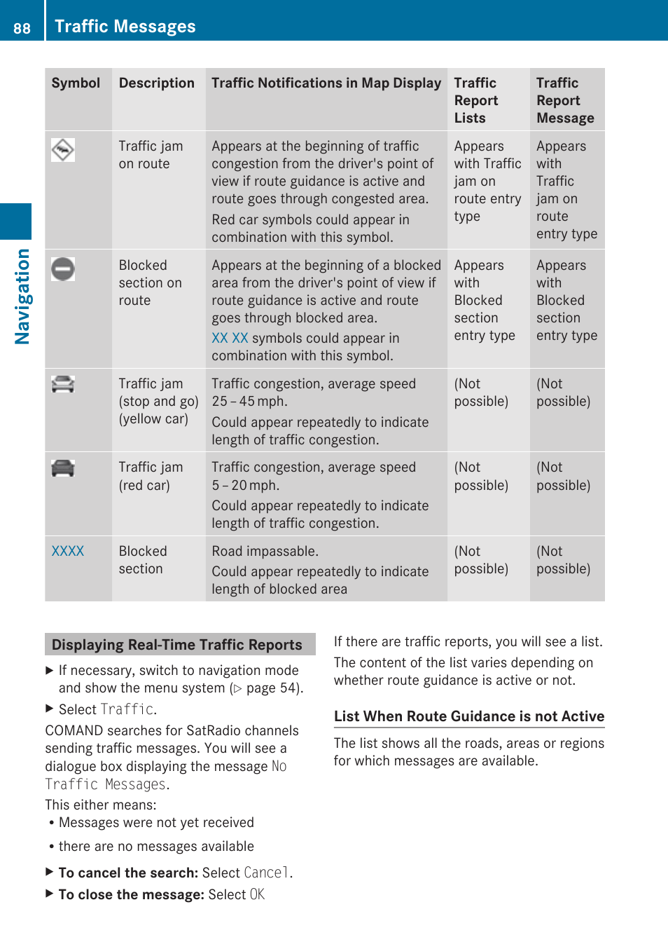 Displaying real-time traffic reports, Navigation, Traffic messages | Mercedes-Benz SLK-Class 2009 COMAND Manual User Manual | Page 90 / 220
