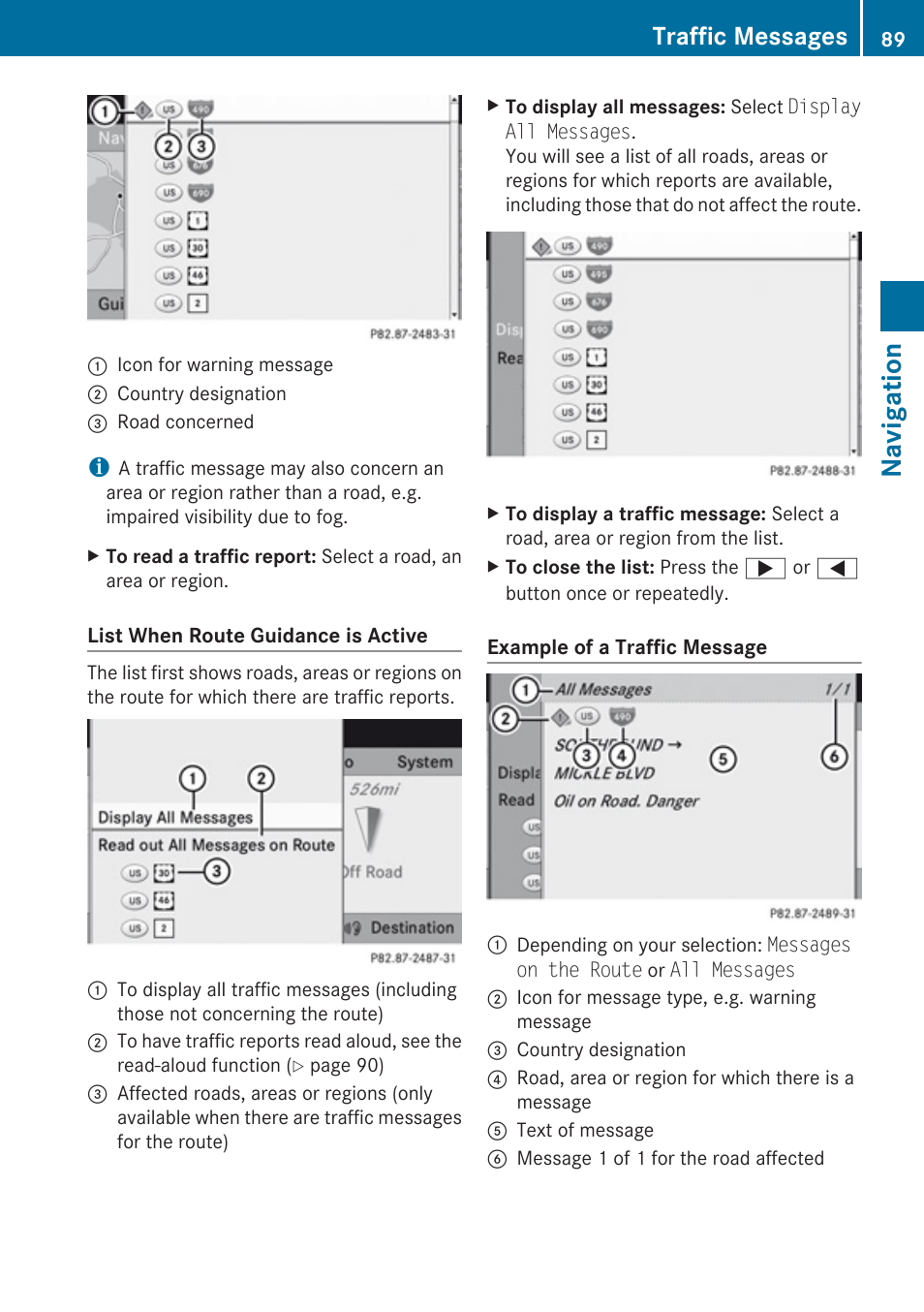 Navigation, Traffic messages | Mercedes-Benz SLK-Class 2009 COMAND Manual User Manual | Page 91 / 220