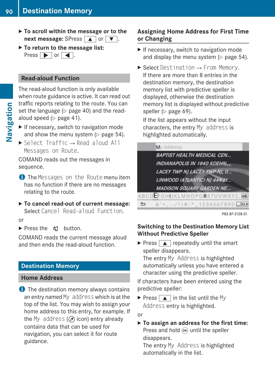 Read-aloud function, Destination memory, Home address | Guidance, Navigation | Mercedes-Benz SLK-Class 2009 COMAND Manual User Manual | Page 92 / 220