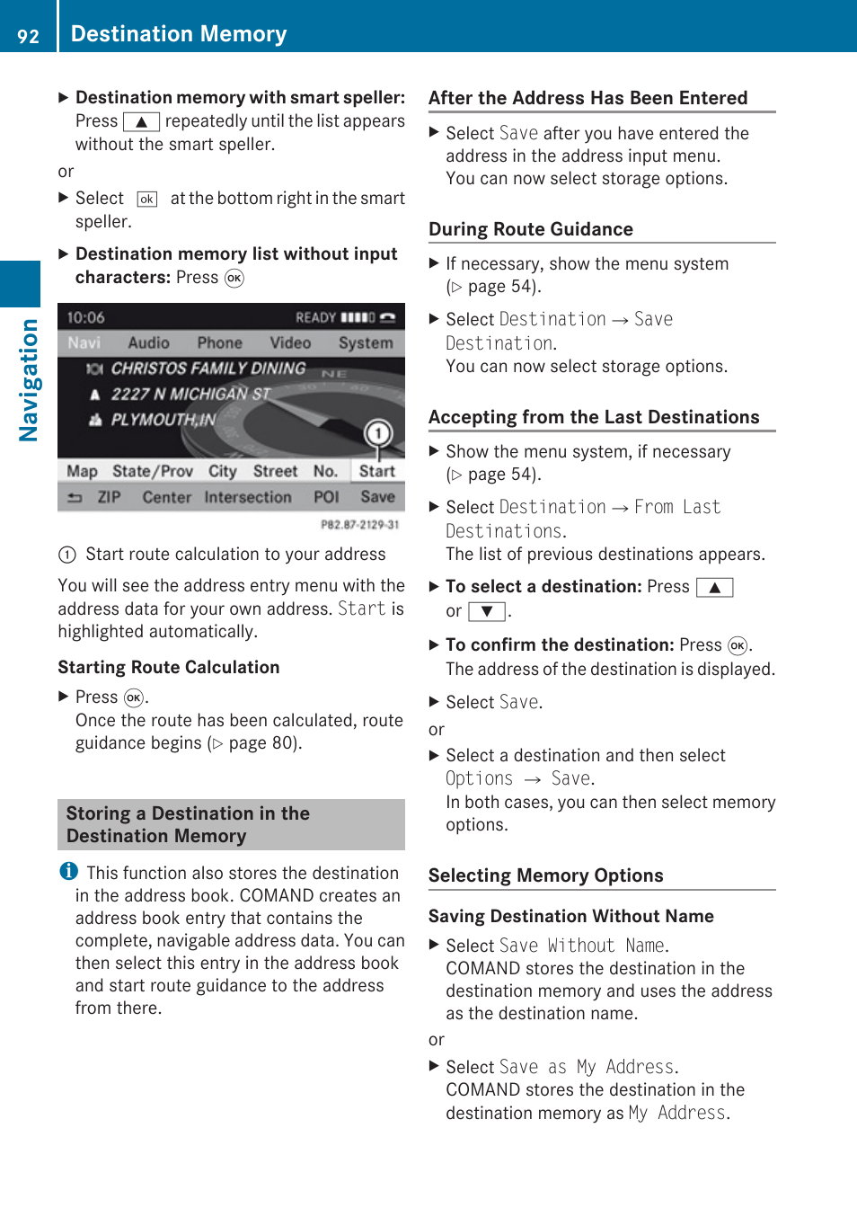 Storing a destination in the destination memory, Navigation | Mercedes-Benz SLK-Class 2009 COMAND Manual User Manual | Page 94 / 220