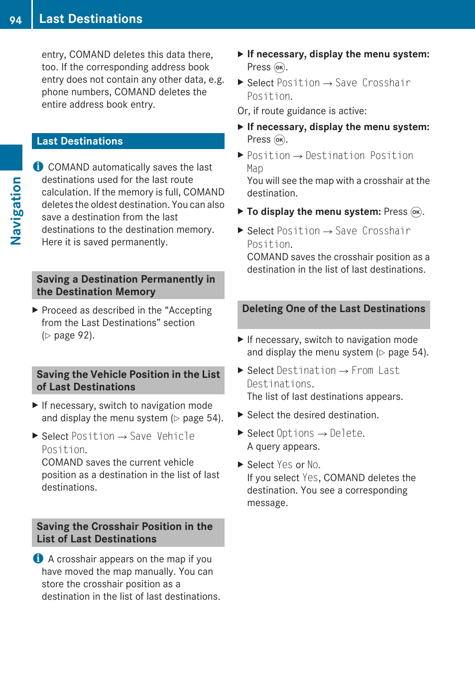 Last destinations, Deleting one of the last destinations, Destinations memory | Memory, Navigation | Mercedes-Benz SLK-Class 2009 COMAND Manual User Manual | Page 96 / 220