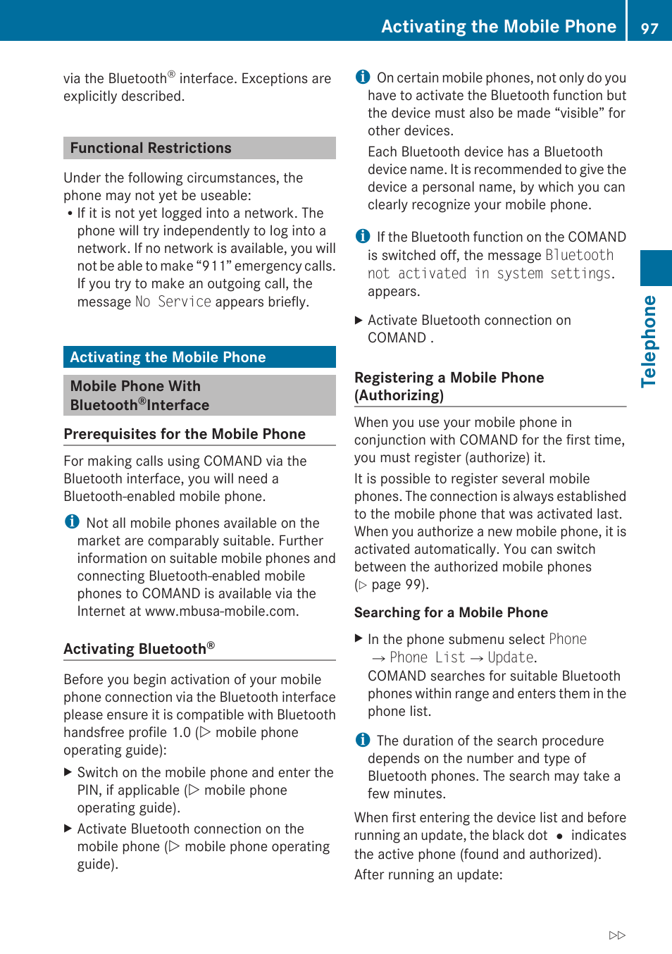 Functional restrictions, Activating the mobile phone, Mobile phone with bluetooth® interface | Telephone | Mercedes-Benz SLK-Class 2009 COMAND Manual User Manual | Page 99 / 220