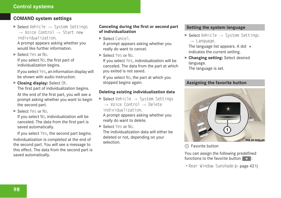 Setting the system language, Assigning the favorite button, Favorite button | Control systems | Mercedes-Benz S-Class 2009 User Manual | Page 100 / 616
