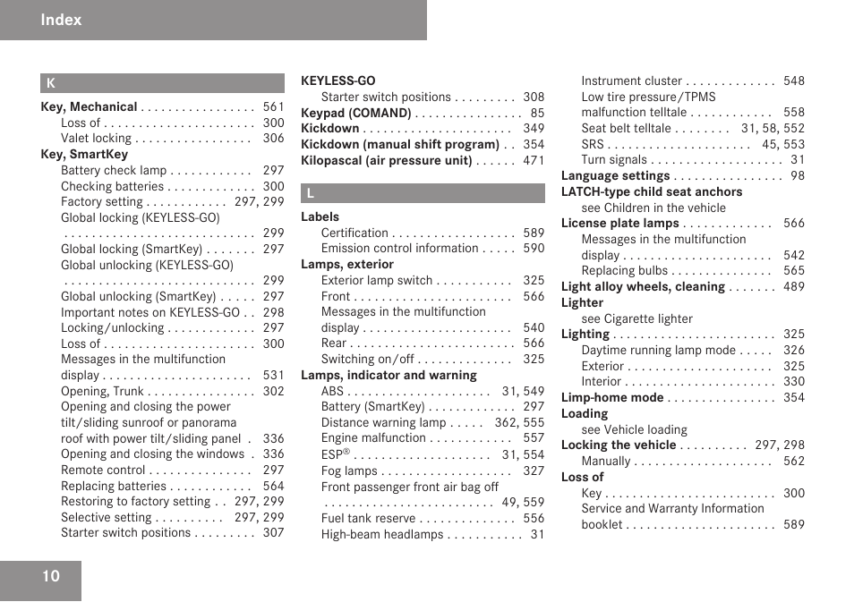 Index | Mercedes-Benz S-Class 2009 User Manual | Page 12 / 616